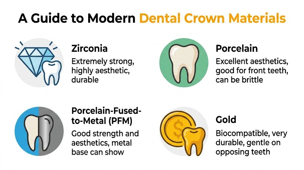 An infographic titled a guide to modern dental crown materials showing Zirconia, Porcelain, PFM, and Gold crowns.