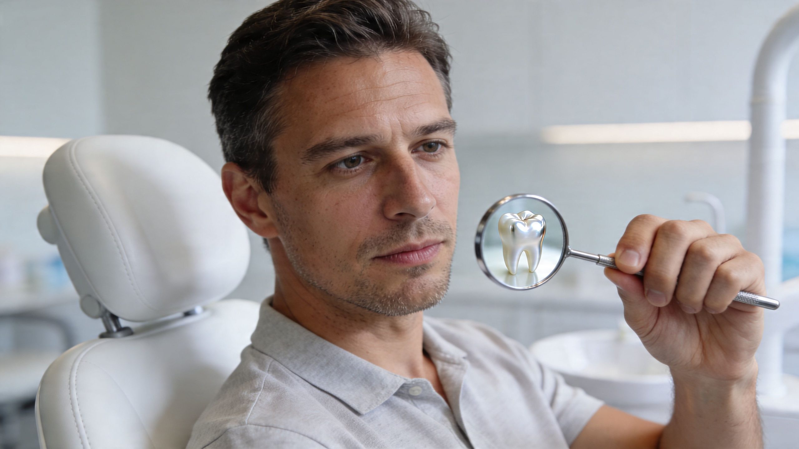 A dentist examining a shiny, metallic tooth model through a handheld magnifying glass in a bright office.