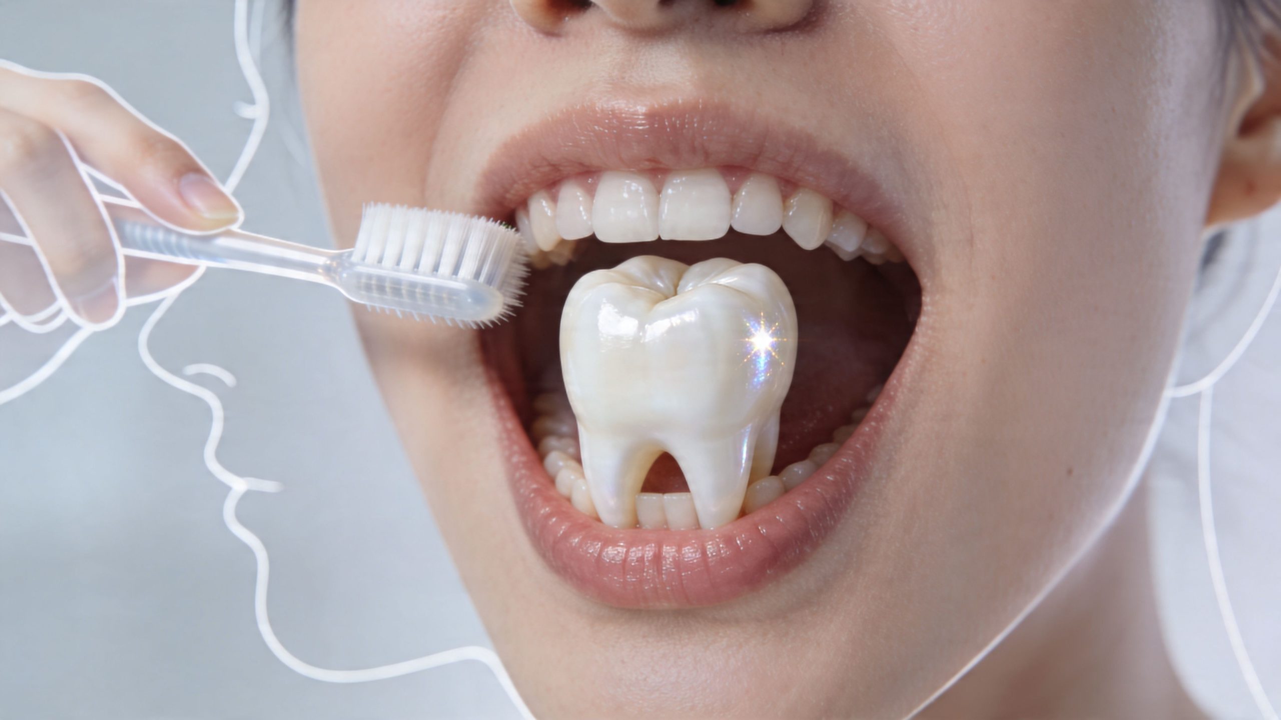 A close-up view of a person brushing a large, glowing, clean tooth model inside their mouth.
