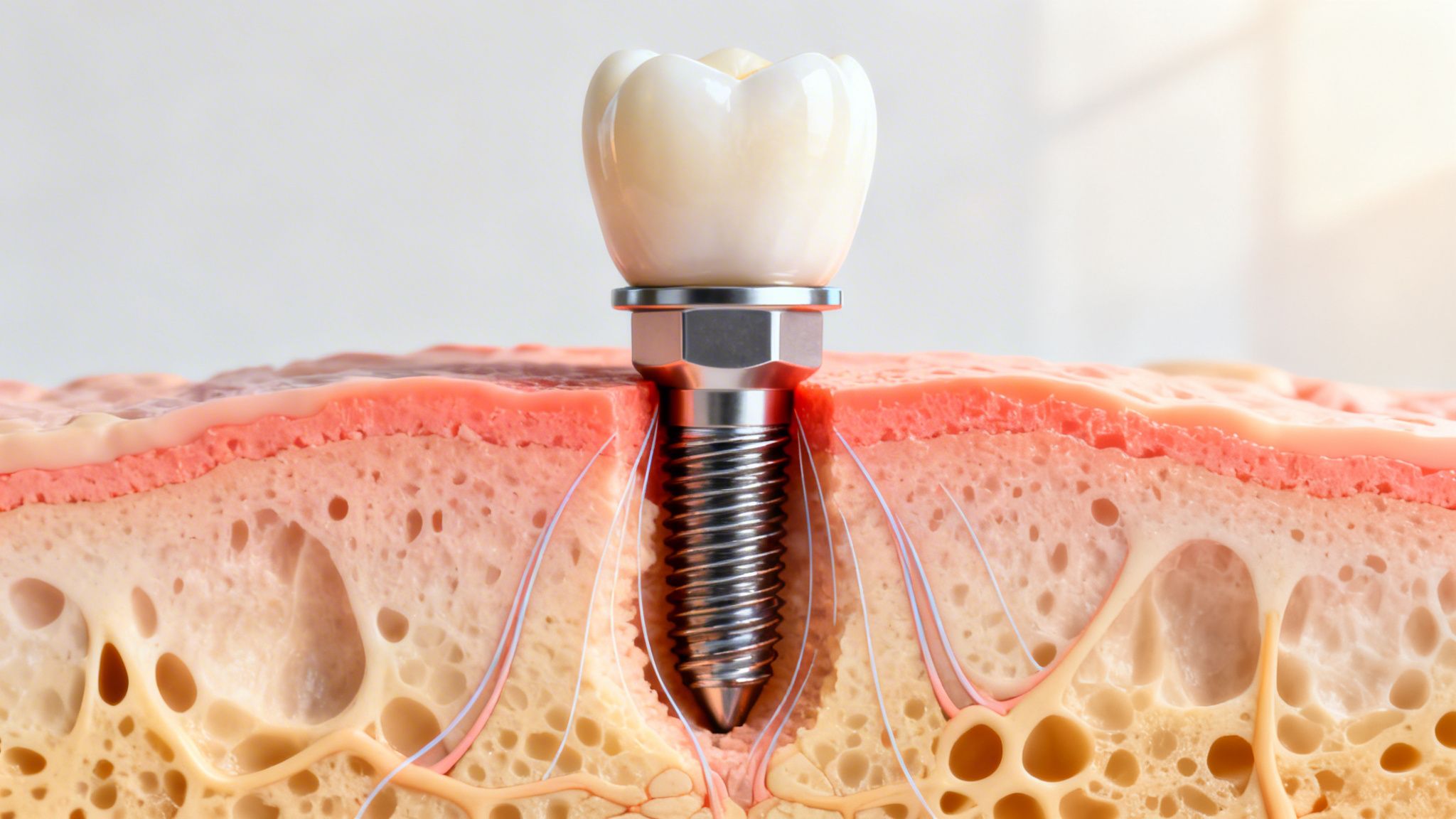 A 3D cross-section illustration showing a dental implant anchored securely into the jawbone and gum tissue.