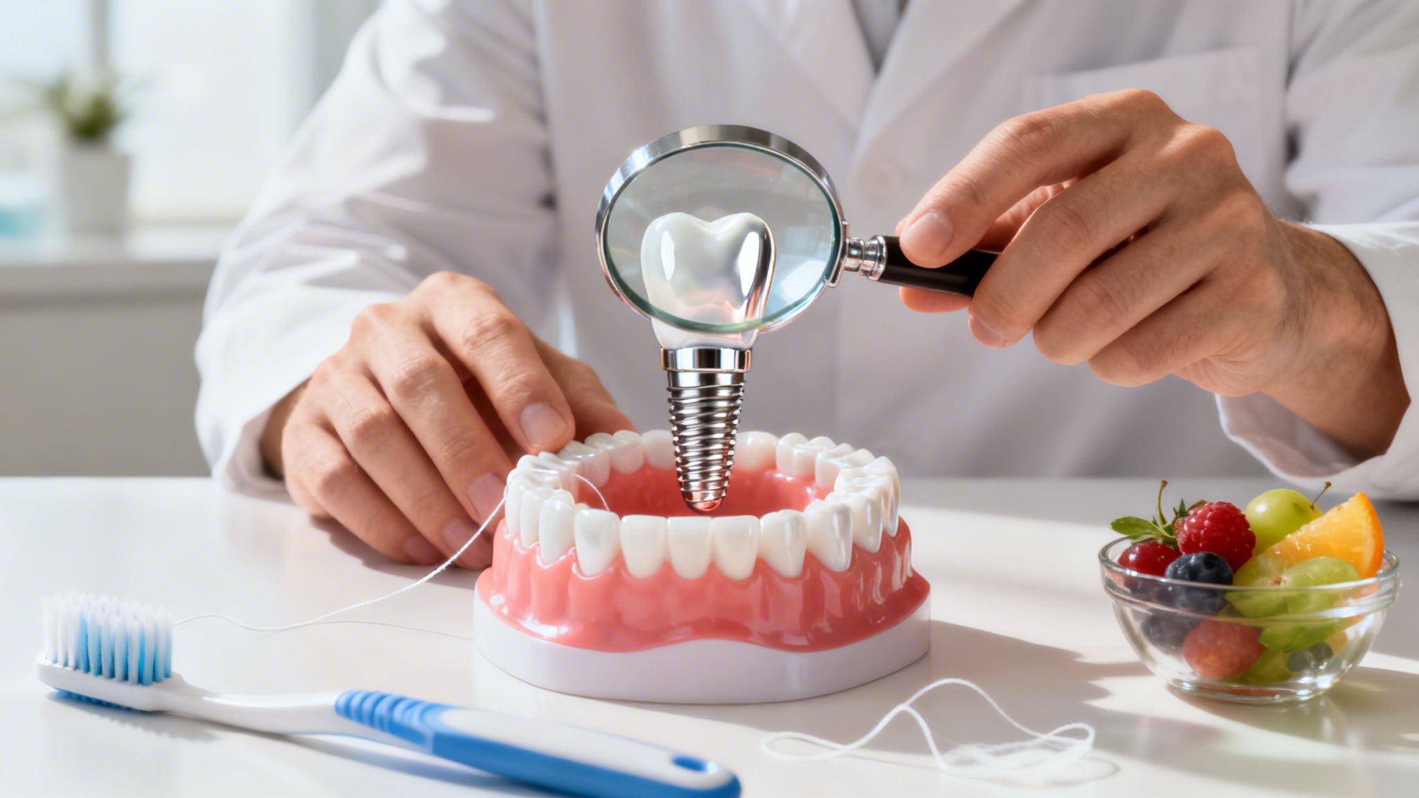 A dentist inspects a dental implant model with a magnifying glass next to dental tools and fruit.