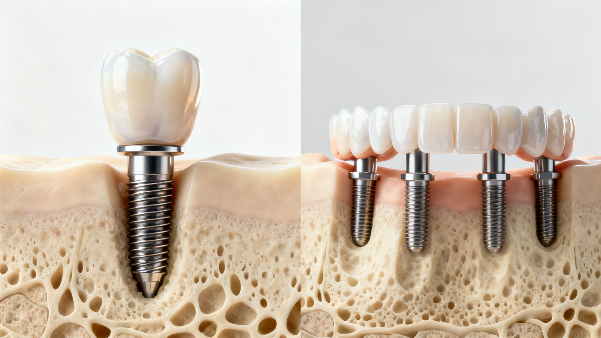 A split-view cross-section illustration showing a single dental implant and an implant-supported dental bridge.