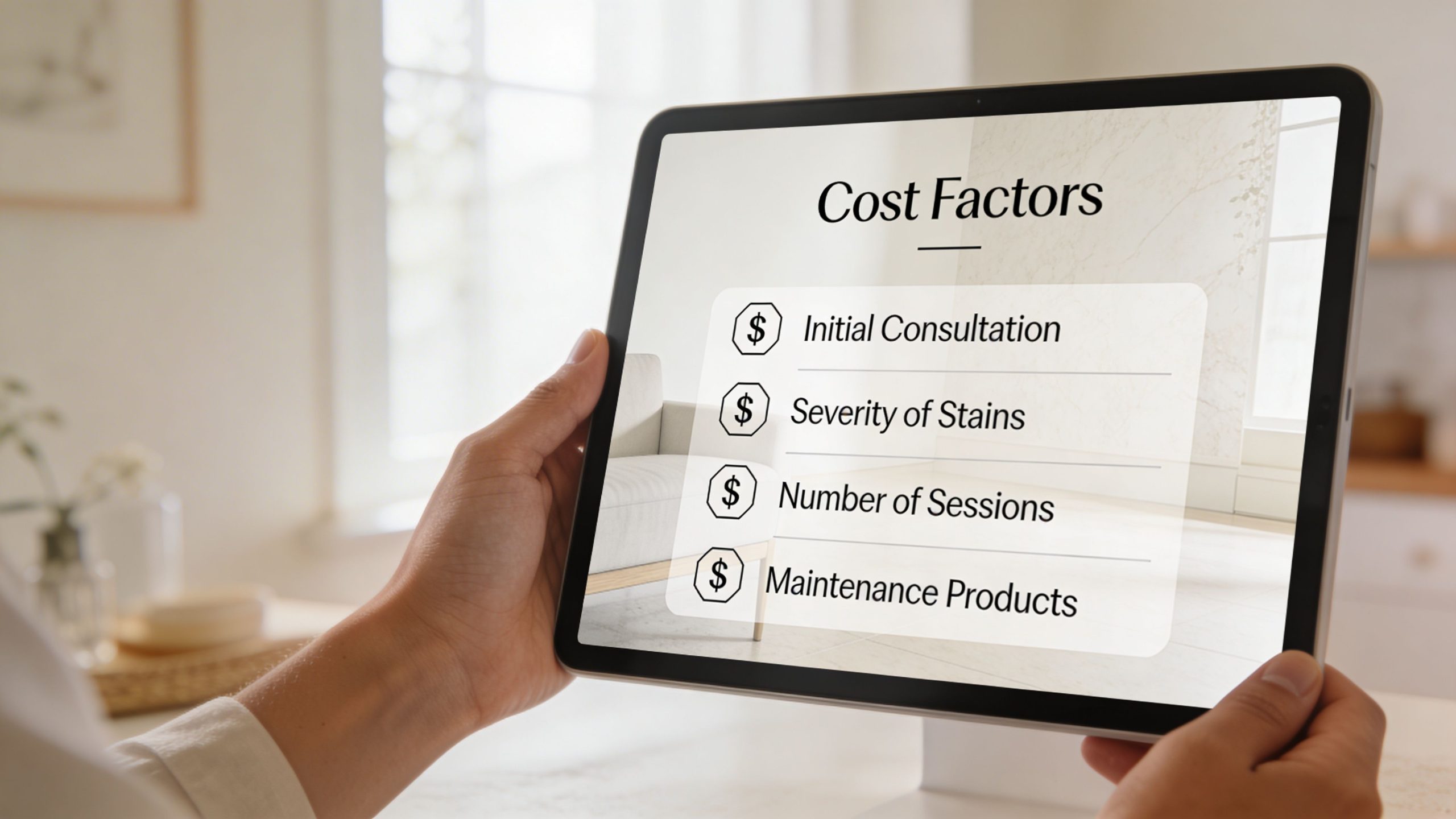 A person holding a tablet displaying a list of factors influencing the cost of teeth whitening services.