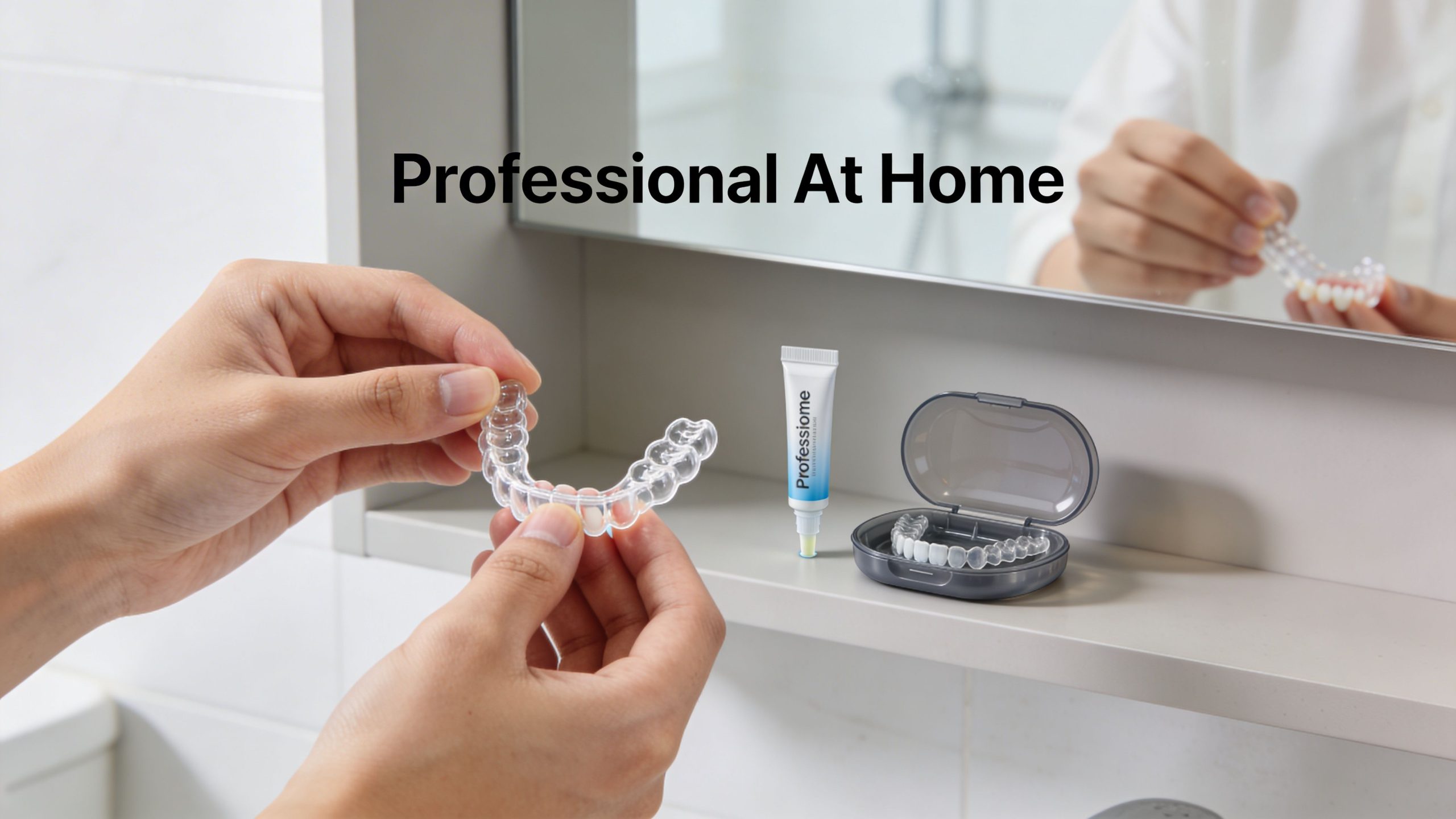 A person holds a transparent dental aligner tray while standing in front of a bathroom mirror.