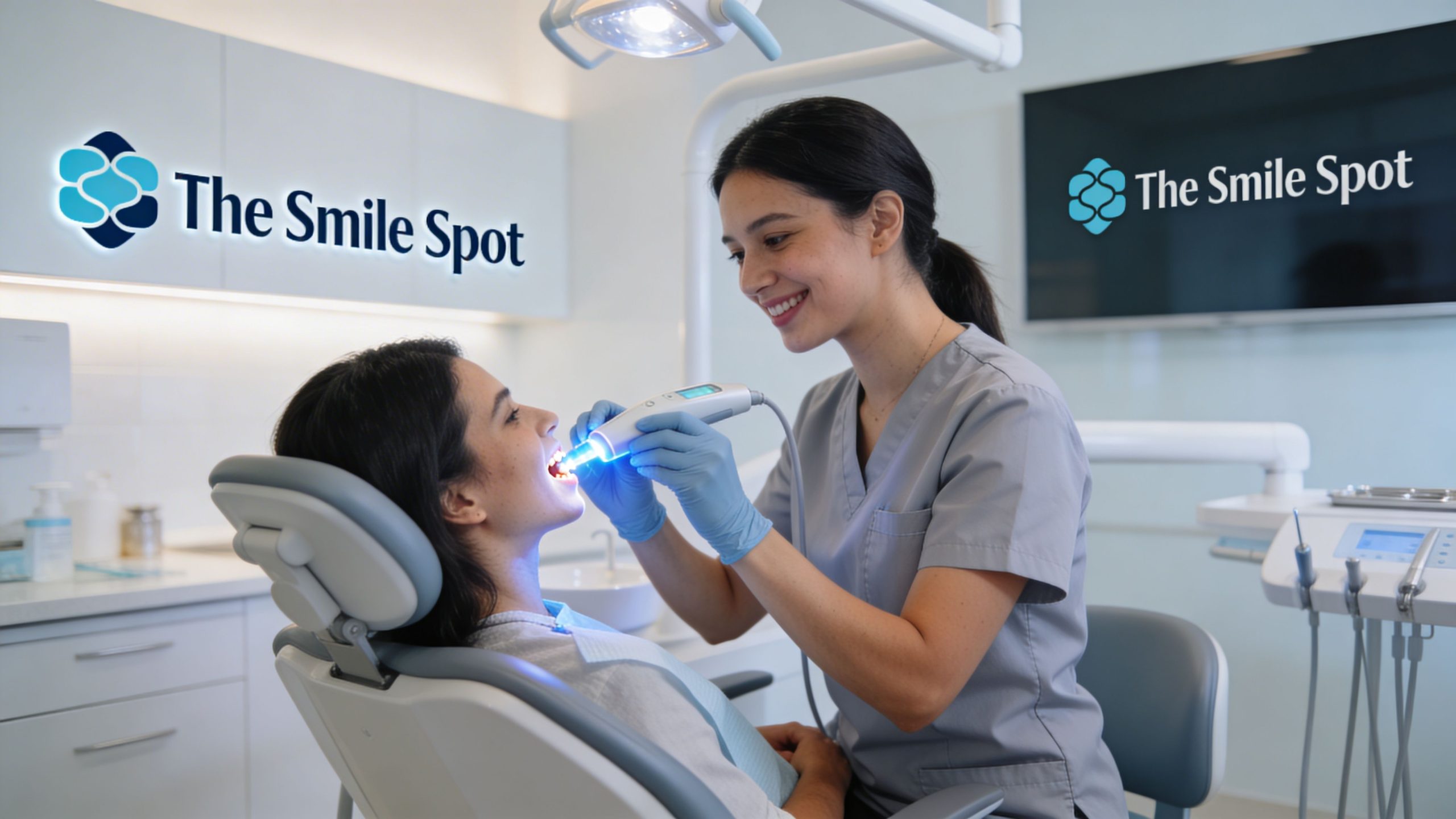 A professional dentist performing a teeth whitening procedure on a patient in a modern dental office clinic.