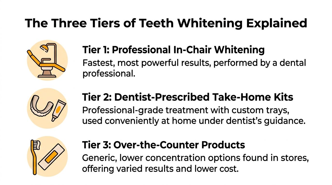 An infographic showing three tiers of teeth whitening options from professional in-chair treatments to store products.