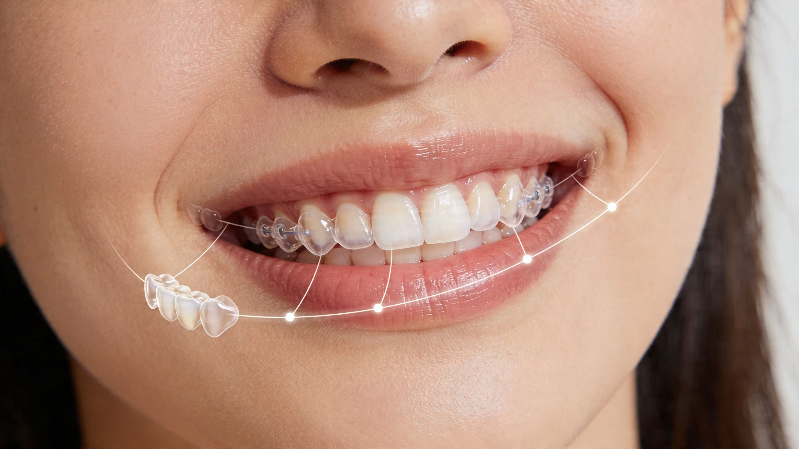 Close-up of a smiling woman wearing clear aligners to straighten her teeth for an aesthetic smile.