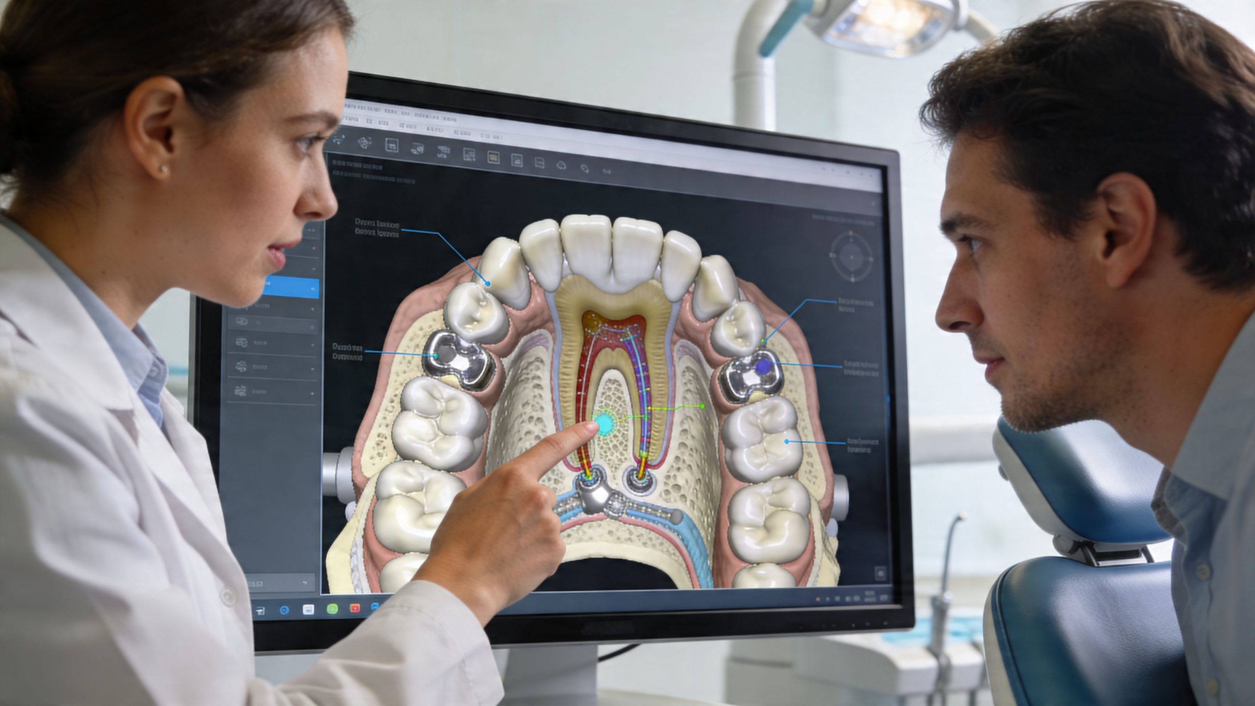 A female dentist explains a digital 3D model of teeth and root canals to a male patient.