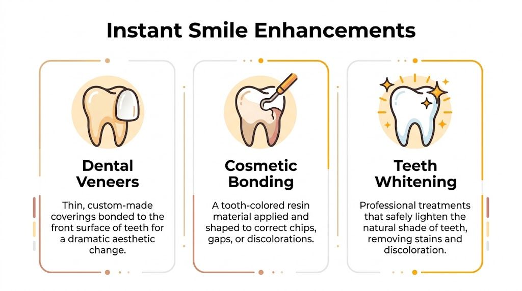 A dental infographic showing three ways to enhance a smile: dental veneers, cosmetic bonding, and teeth whitening.