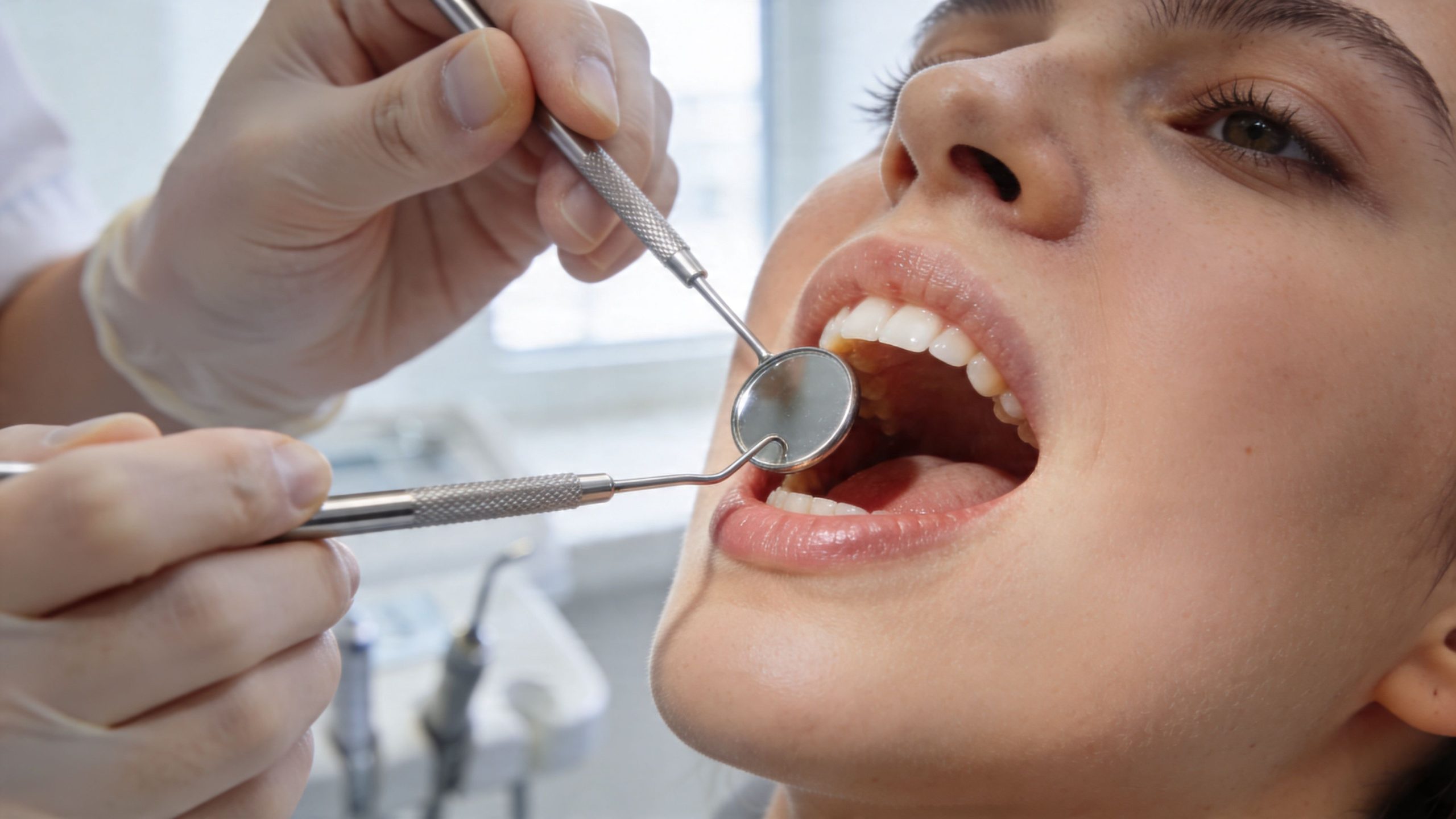 A close-up view of a dentist using a mouth mirror to examine a patient's teeth during checkup.
