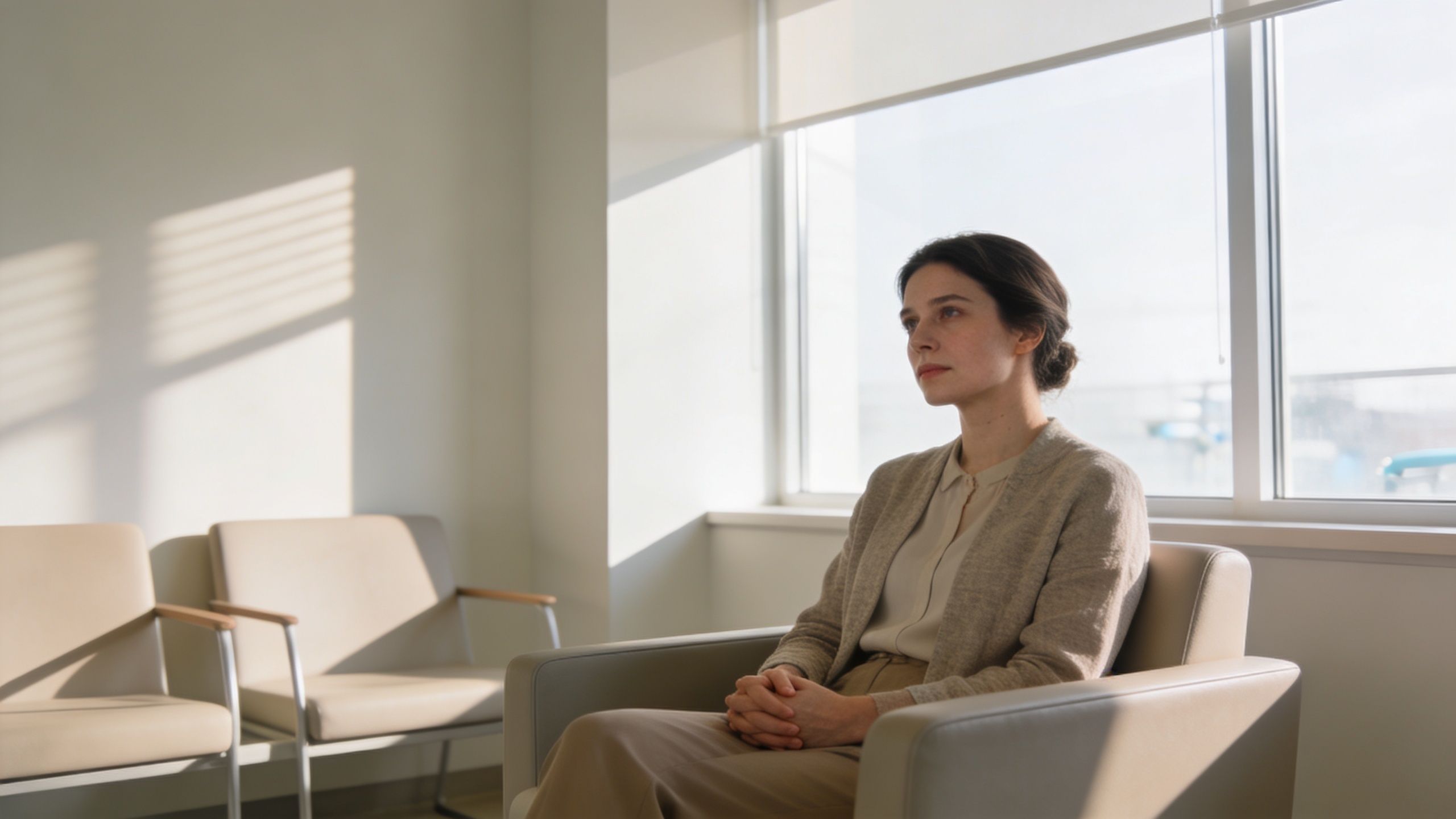 A composed woman sitting in a neutral-toned office waiting room looking towards the light from a window.