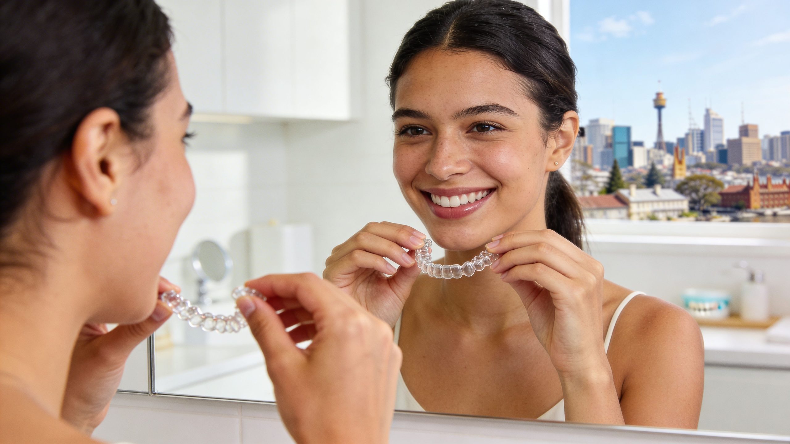 A smiling young woman looking in a bathroom mirror holding clear plastic dental aligners in her hands.