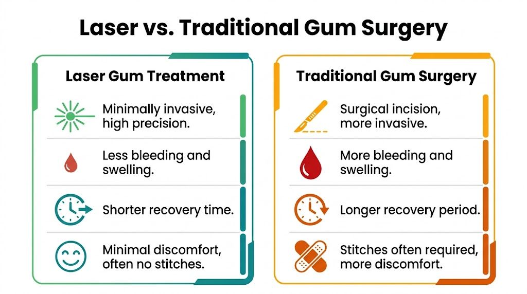 A comparison chart highlighting the benefits of laser gum treatment versus traditional invasive gum surgery procedures.