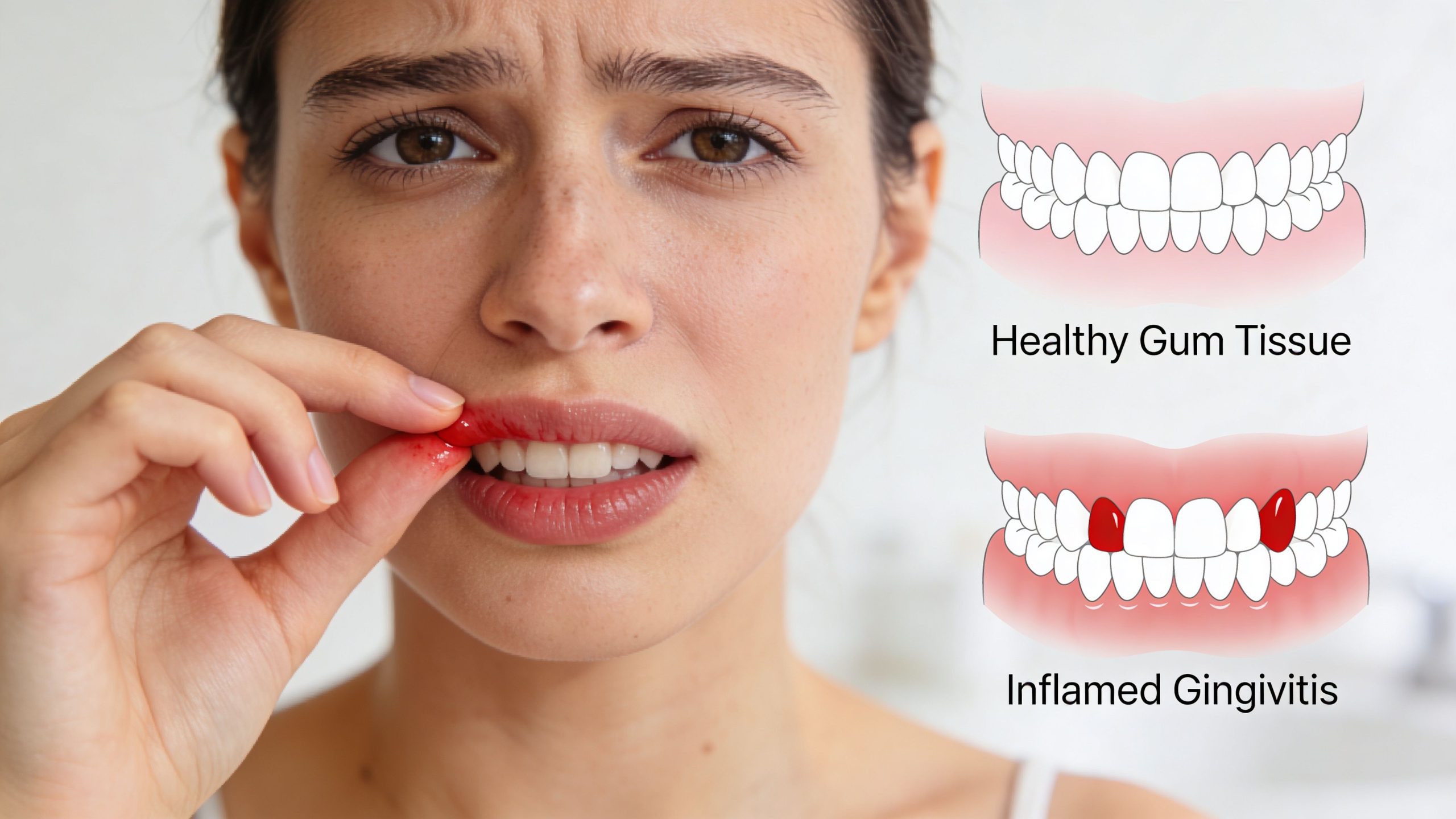 A concerned woman showing gum bleeding alongside a diagram comparing healthy gums to inflamed gingivitis.
