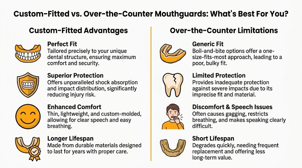 A comparison infographic showing the advantages of custom-fitted mouthguards versus the limitations of over-the-counter versions.