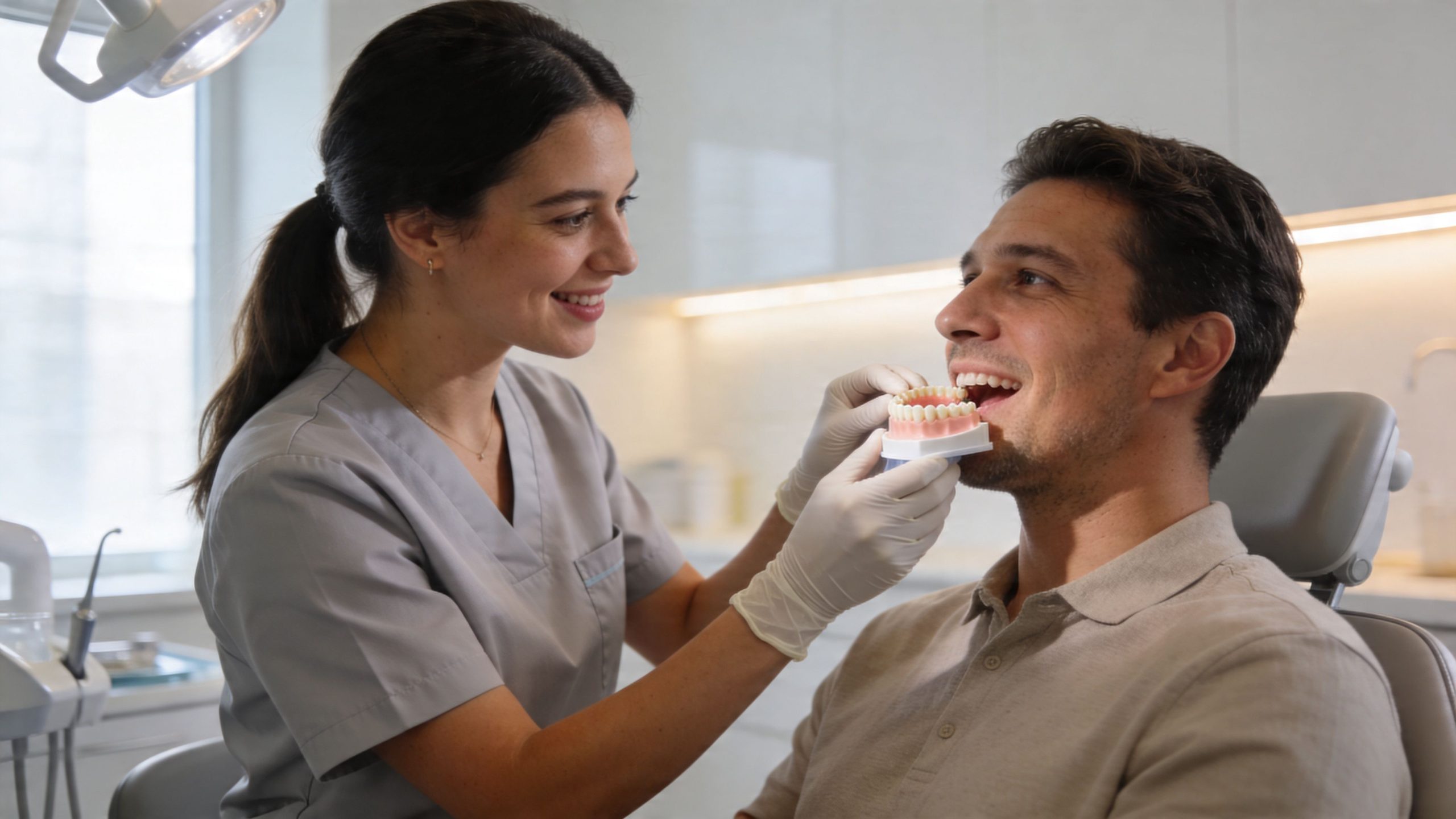 A friendly female dentist explains the use of a dental mouthguard to a patient in her office.