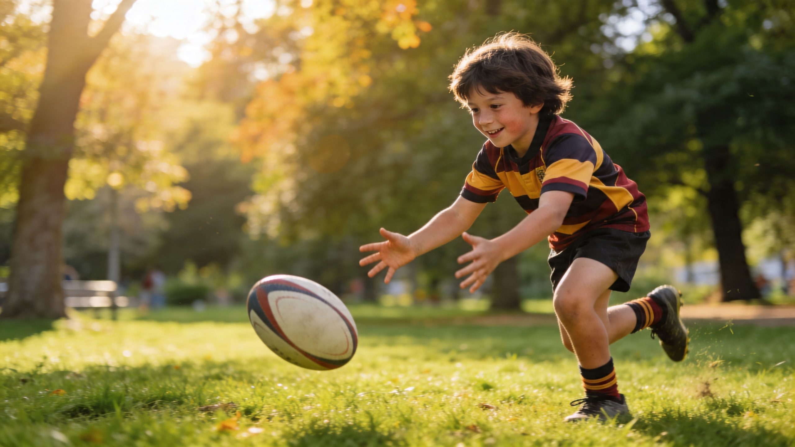 A happy young boy running across a grassy park field to catch a flying rugby ball outdoors.
