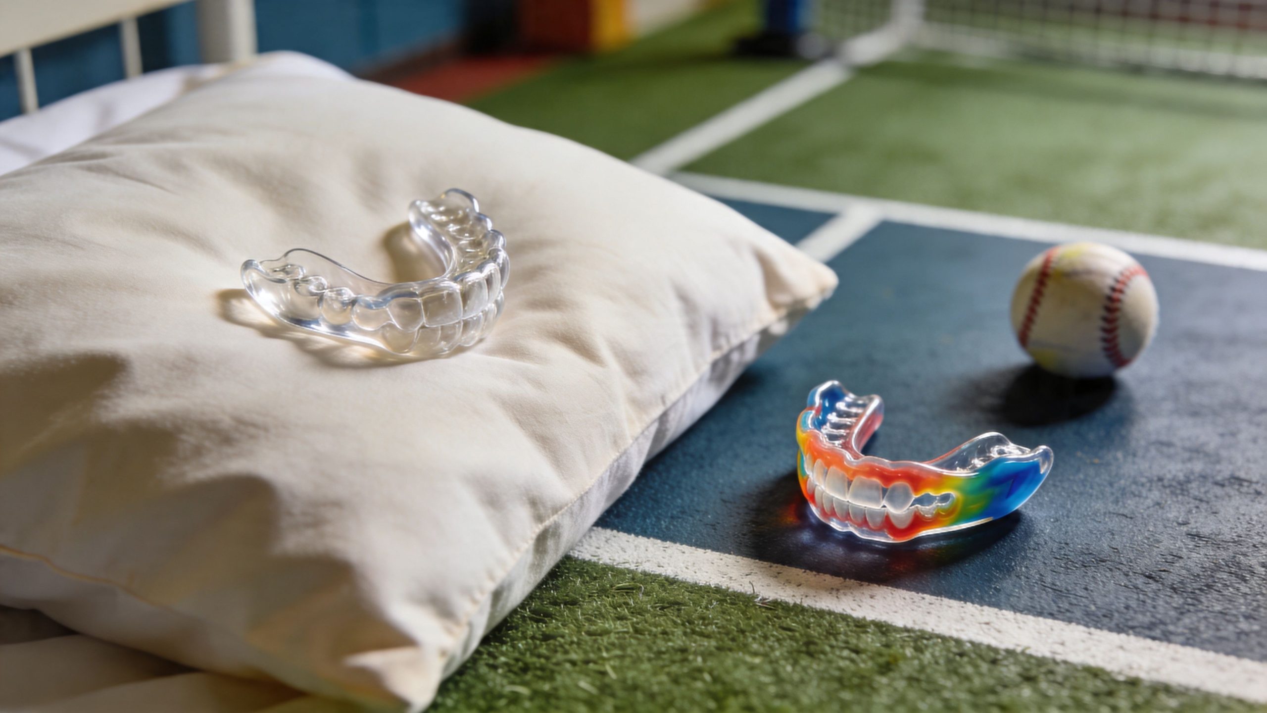 A clear mouthguard on a pillow and a colorful mouthguard with a baseball on a turf court.