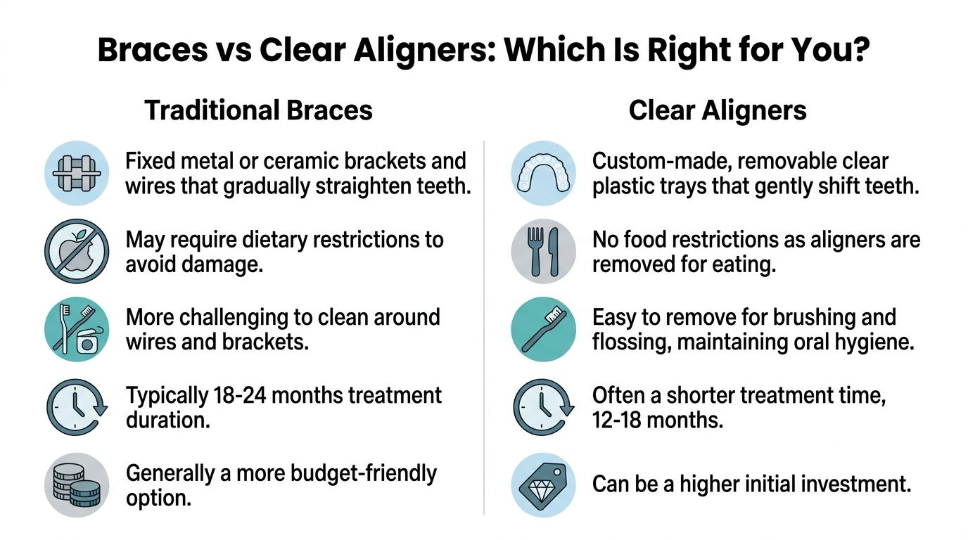 A comparison chart highlighting the main differences between traditional dental braces and clear aligners for teeth straightening.