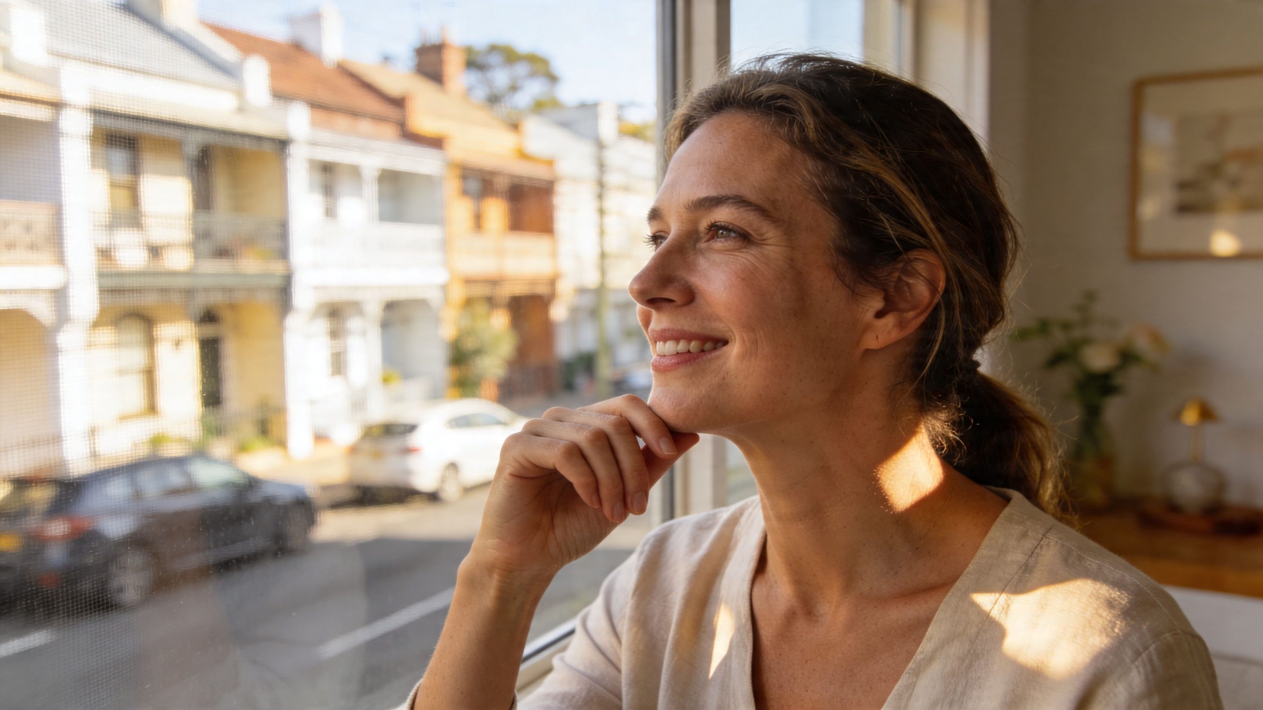 A happy woman smiling while looking out of a window with neighborhood houses in the background.