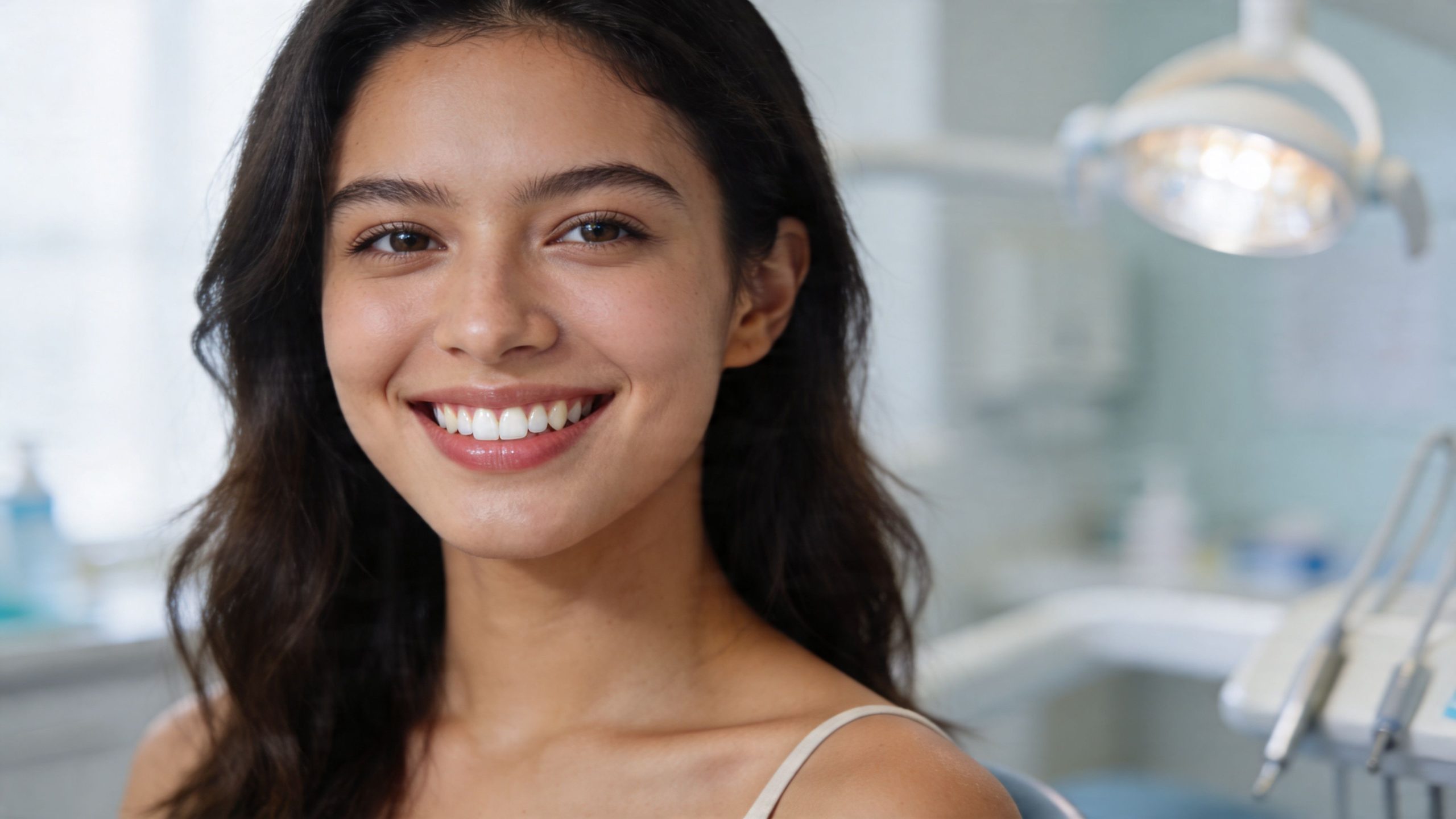 A young woman smiling brightly while sitting in a modern orthodontist office chair for a checkup.