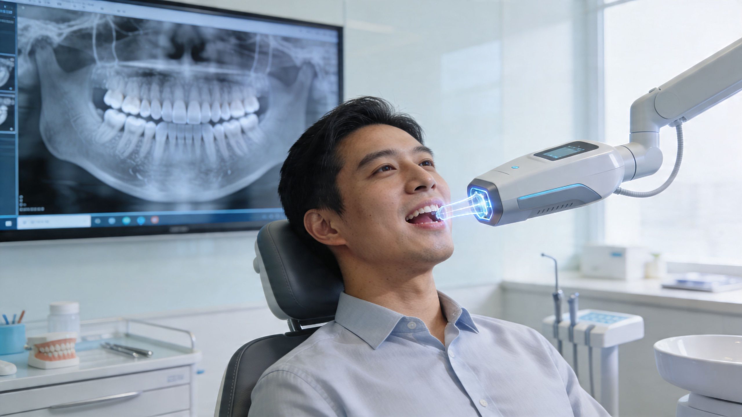 A young man sits in a dental chair receiving professional teeth whitening treatment with an LED device.