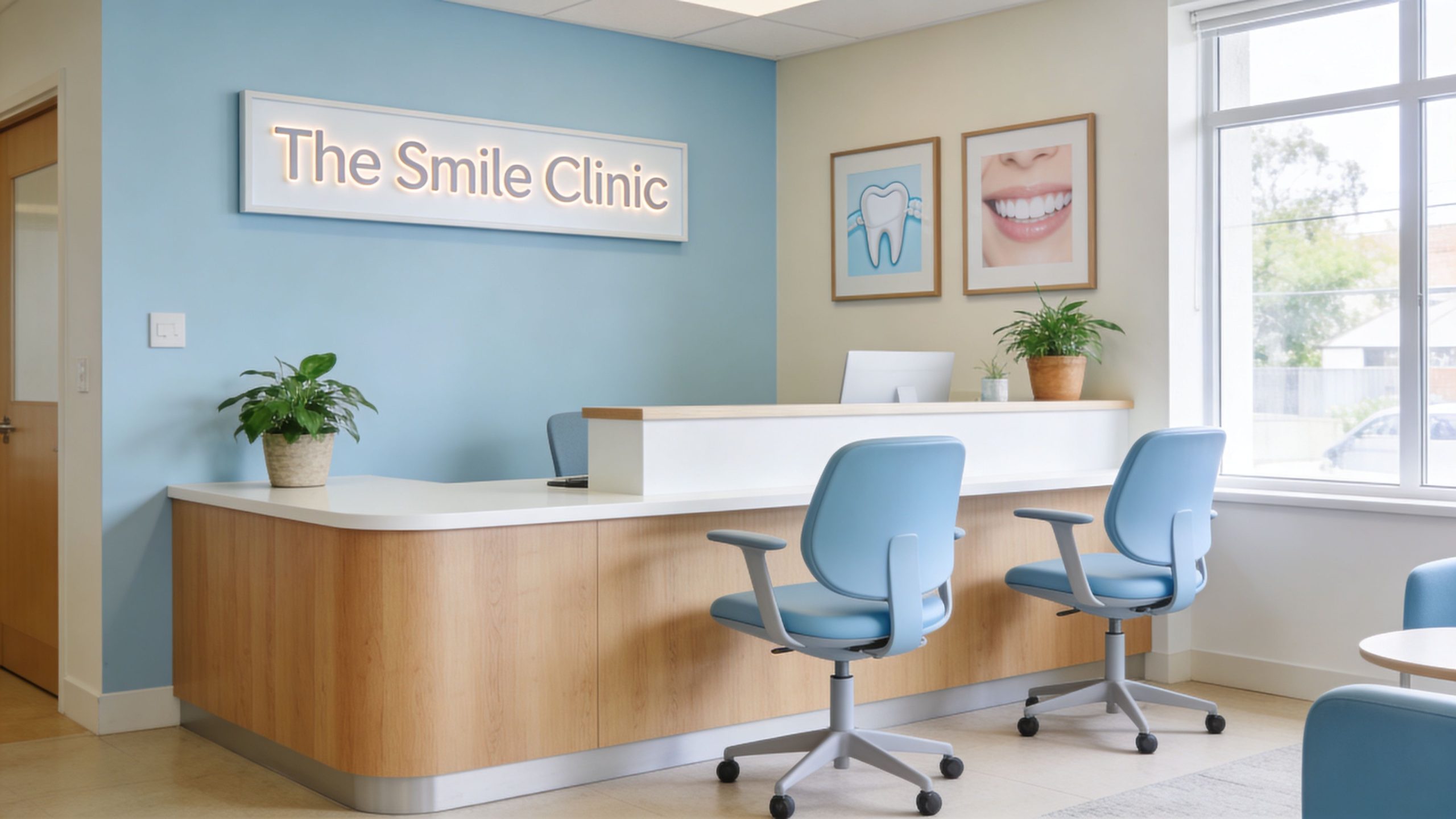 A modern, bright dental office reception area with a reception desk, light blue walls, and professional furniture.