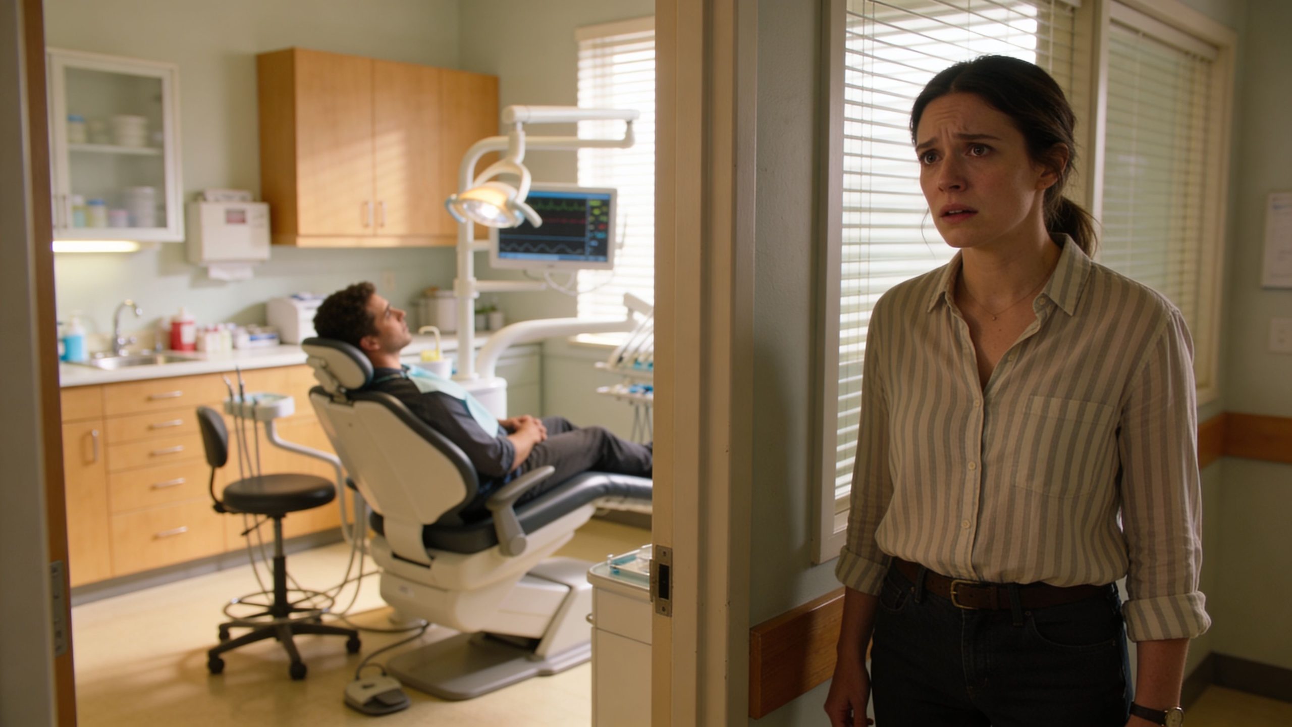 A concerned woman stands in a doorway looking into a dental office with a patient in the chair.