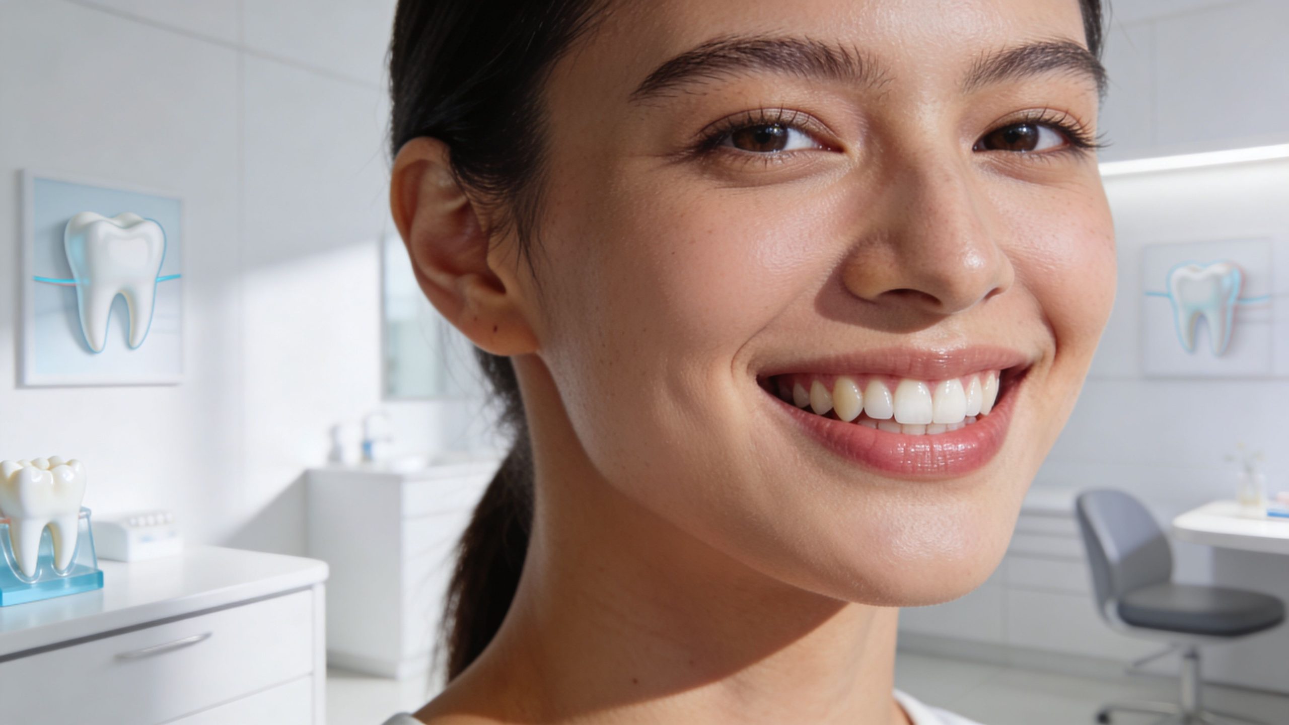 A smiling young woman with perfectly straight white teeth in a bright and professional dental office setting.