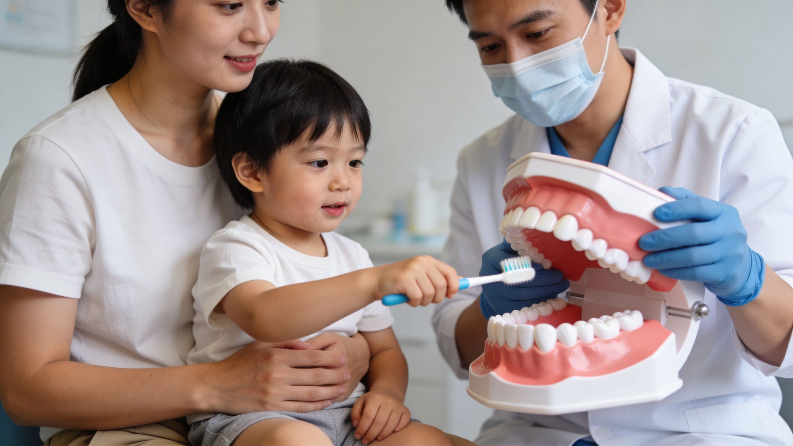 A young boy learning how to brush his teeth on a model with his dentist and mother.