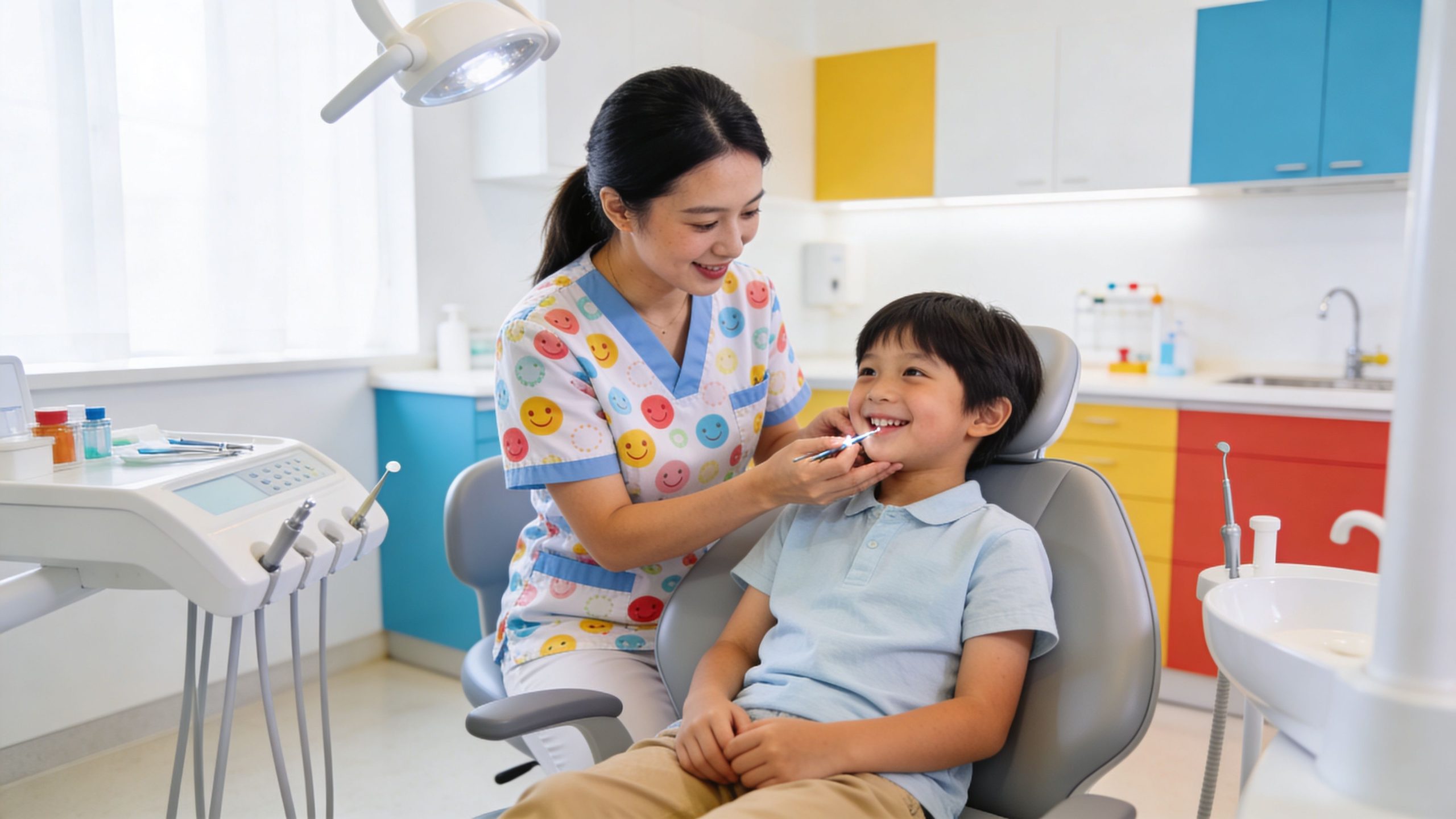 A friendly female dentist examining a young boy's teeth during a checkup at a bright dental office.