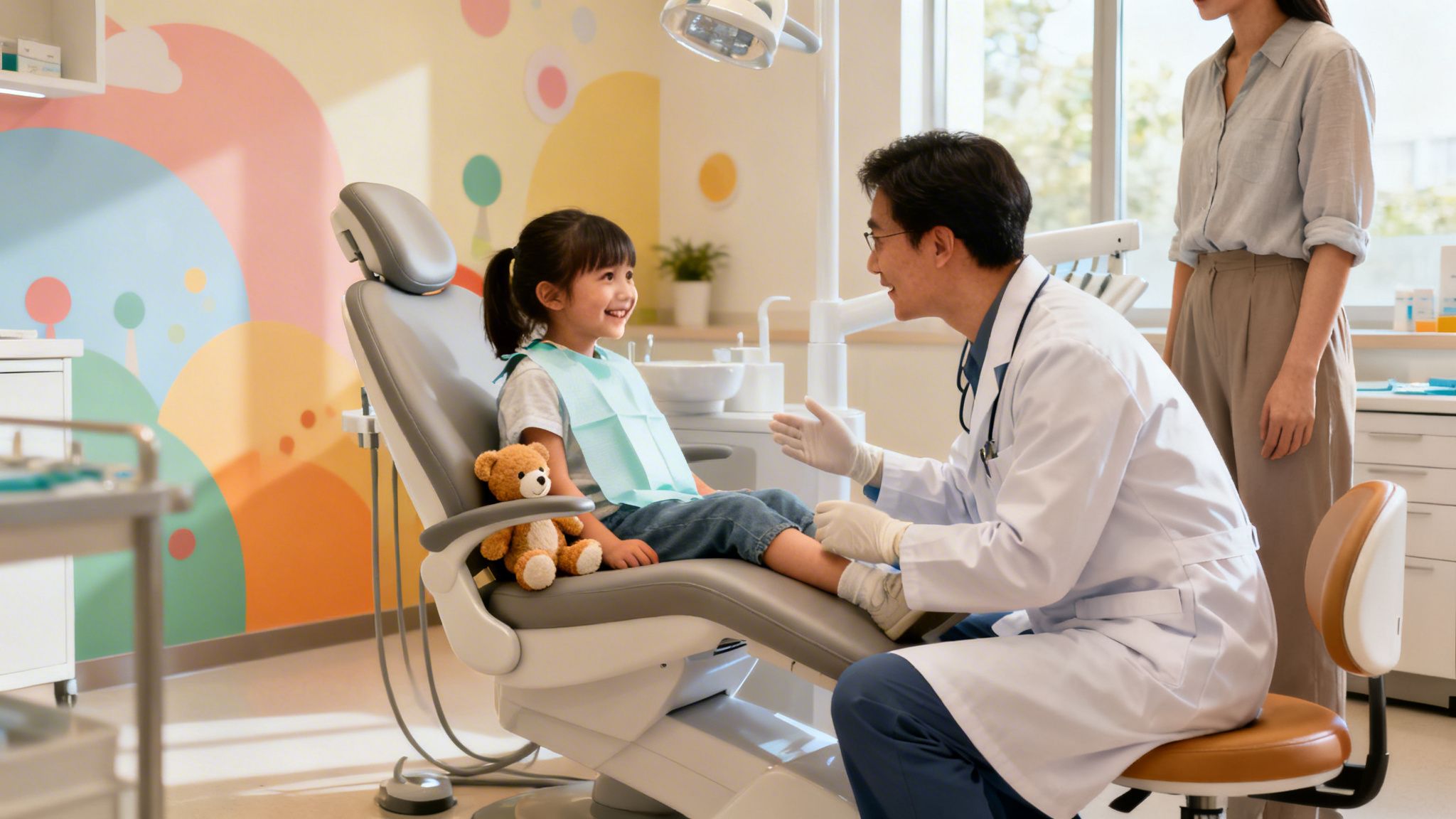 A smiling girl in a dental chair with a teddy bear, interacting with a male dentist in a colorful pediatric clinic.