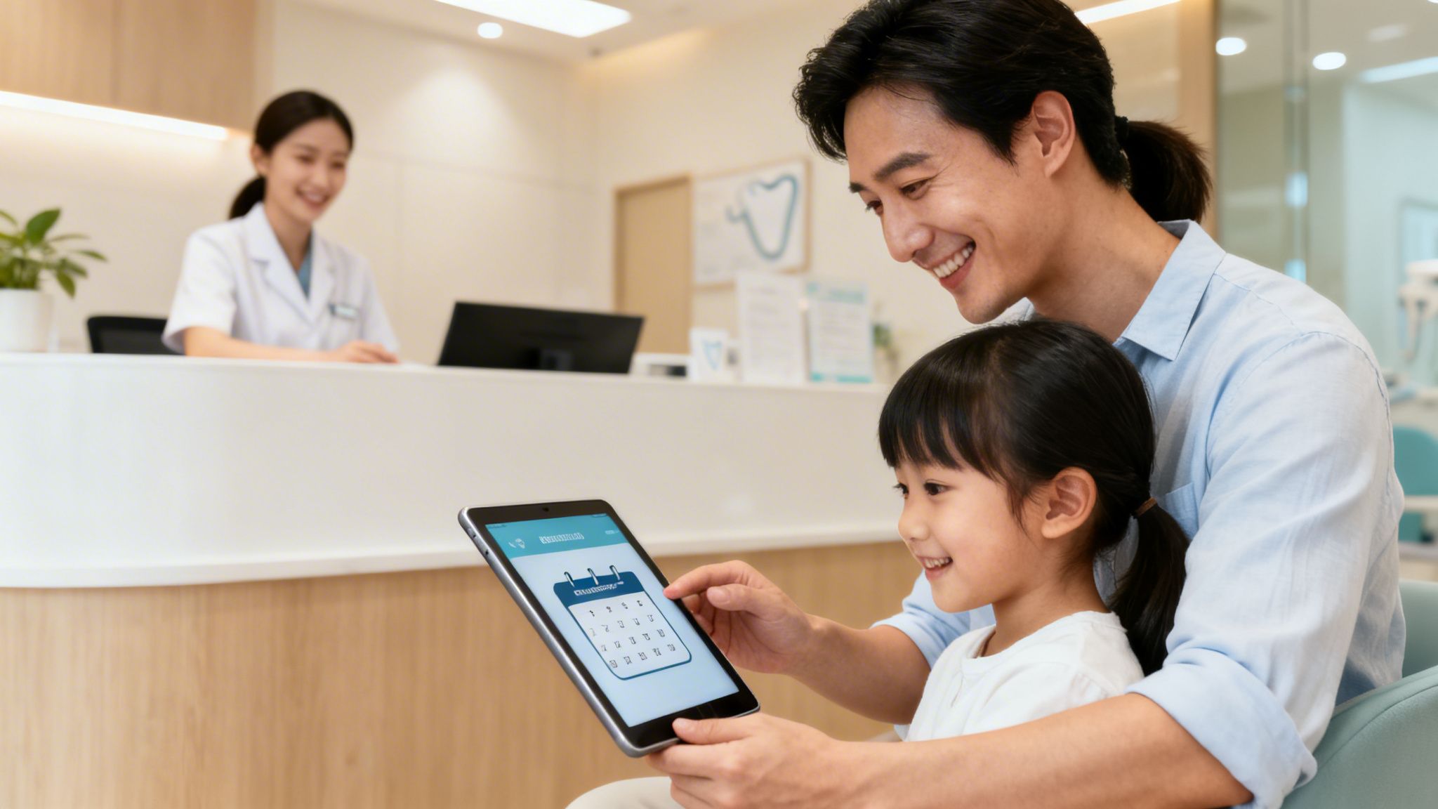 Smiling father and daughter use a tablet to book a dental appointment, with a receptionist in the background.