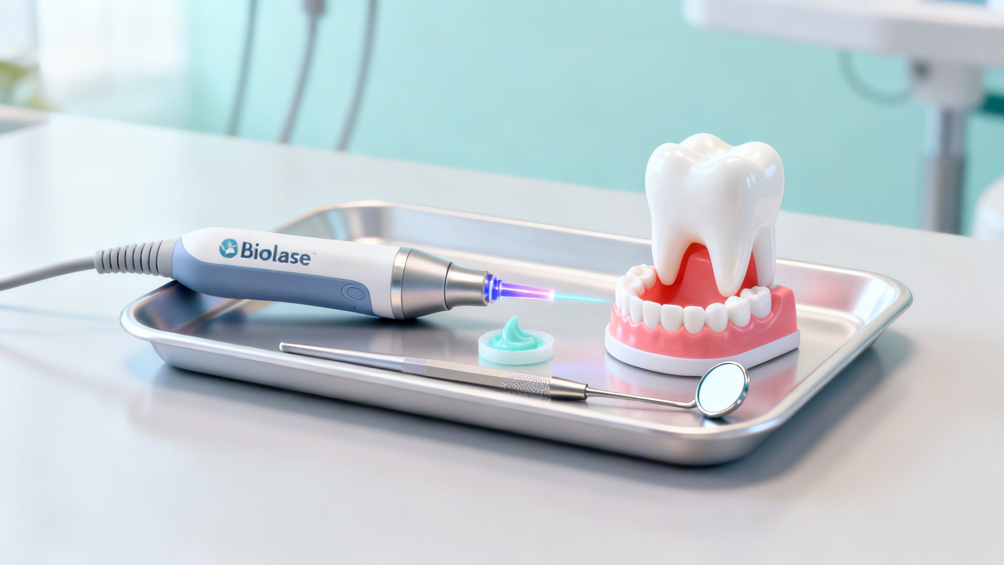 A dental tray with a Bioulase laser tool, tooth model, and dental instruments.