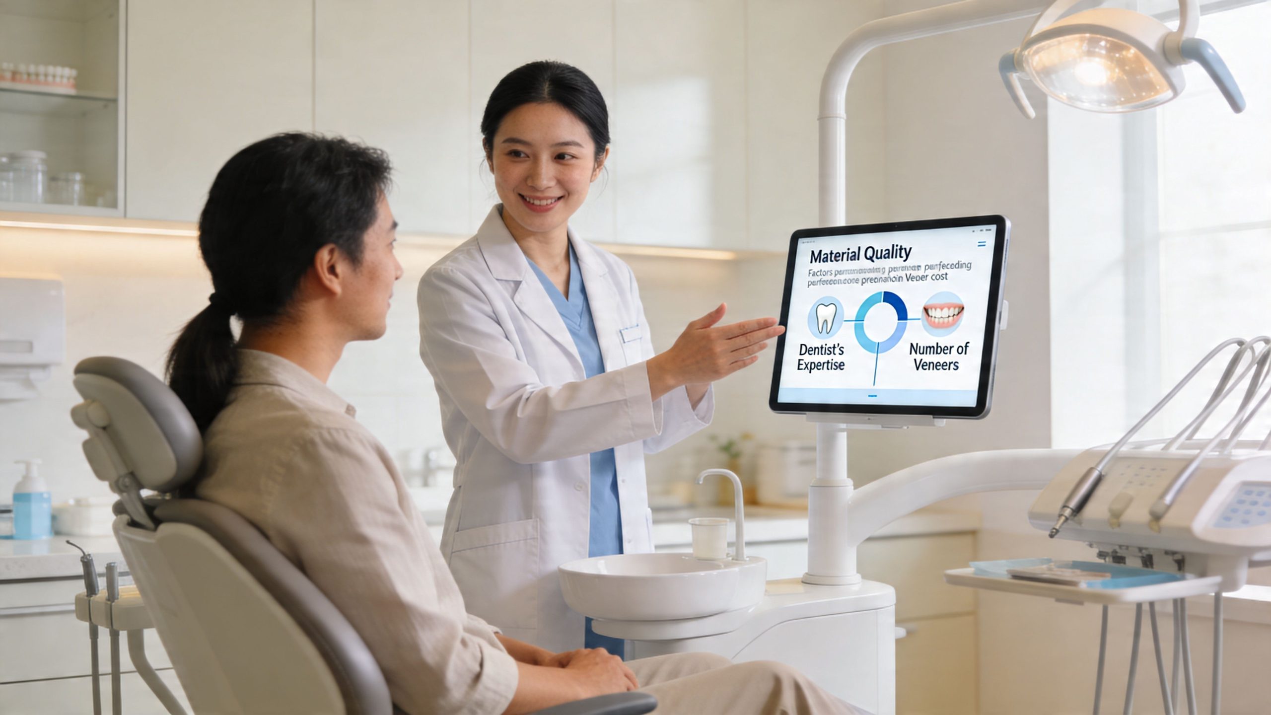 A professional dentist explaining the factors influencing porcelain veneers cost to a patient on a digital screen.