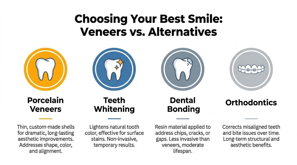An infographic comparing porcelain veneers, teeth whitening, dental bonding, and orthodontics for improving your smile appearance.