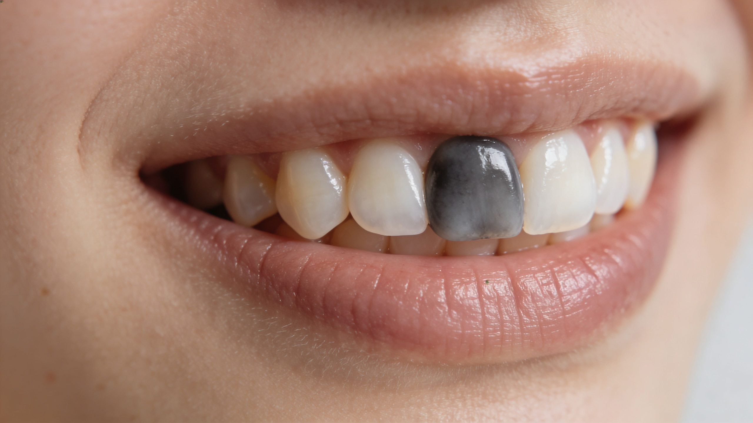 Close-up of a person's smile highlighting a single discolored, dark tooth that may require dental treatment.