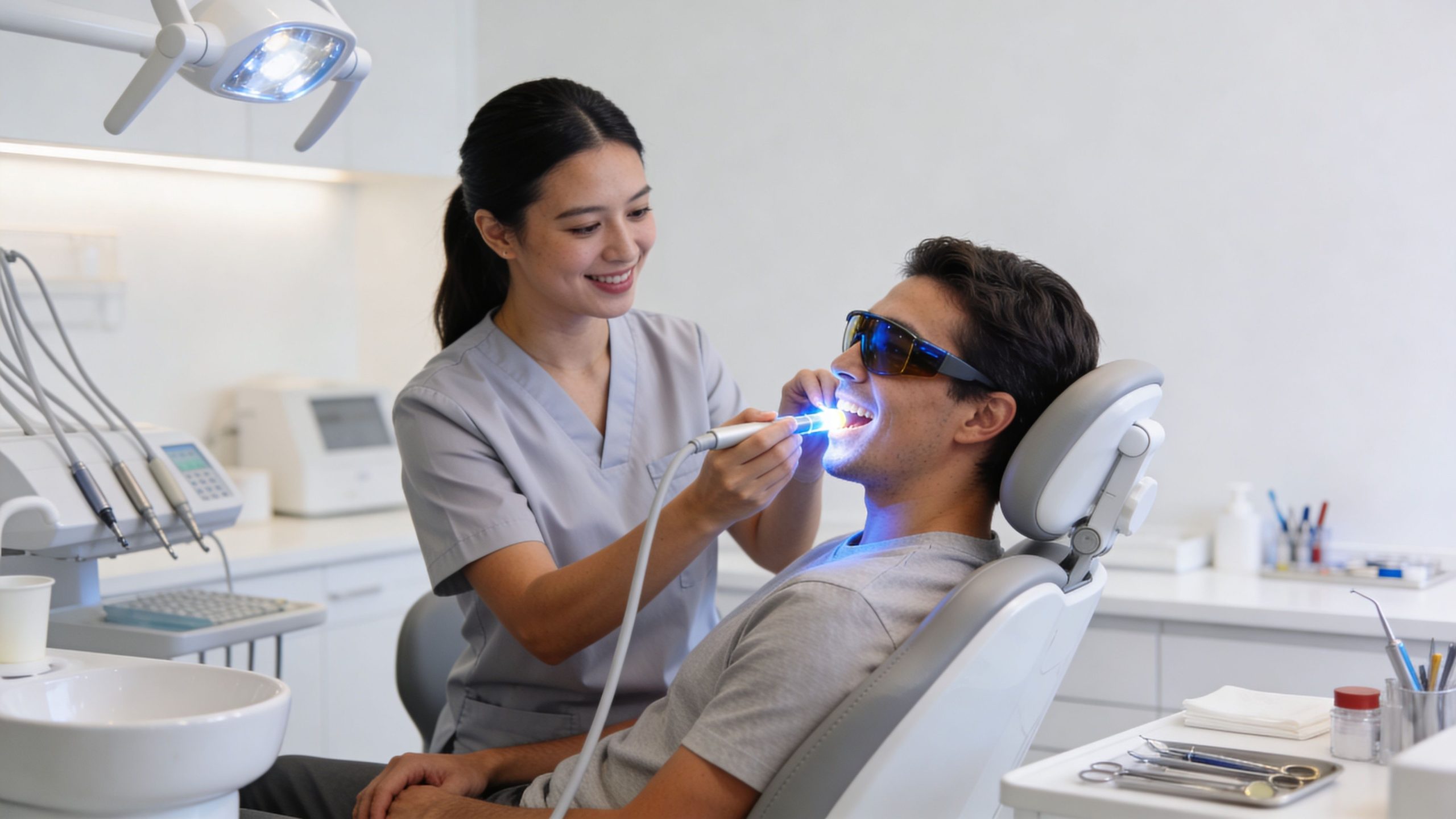 A smiling dentist uses a blue light curing device on a male patient's teeth during a procedure.