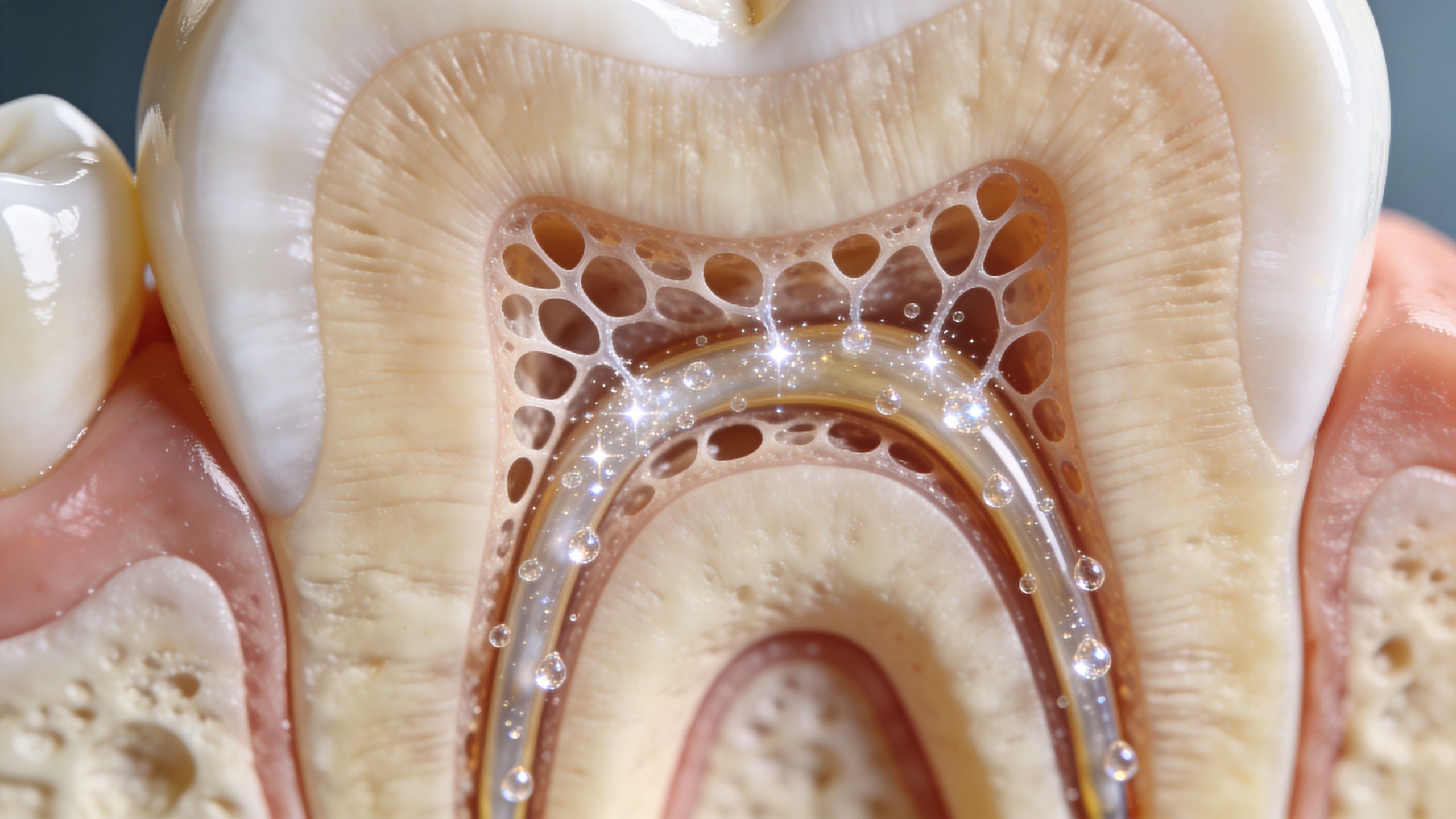A cross-section illustration of a human tooth showing internal structure and sensitive dentin tubules with sparkling effect.
