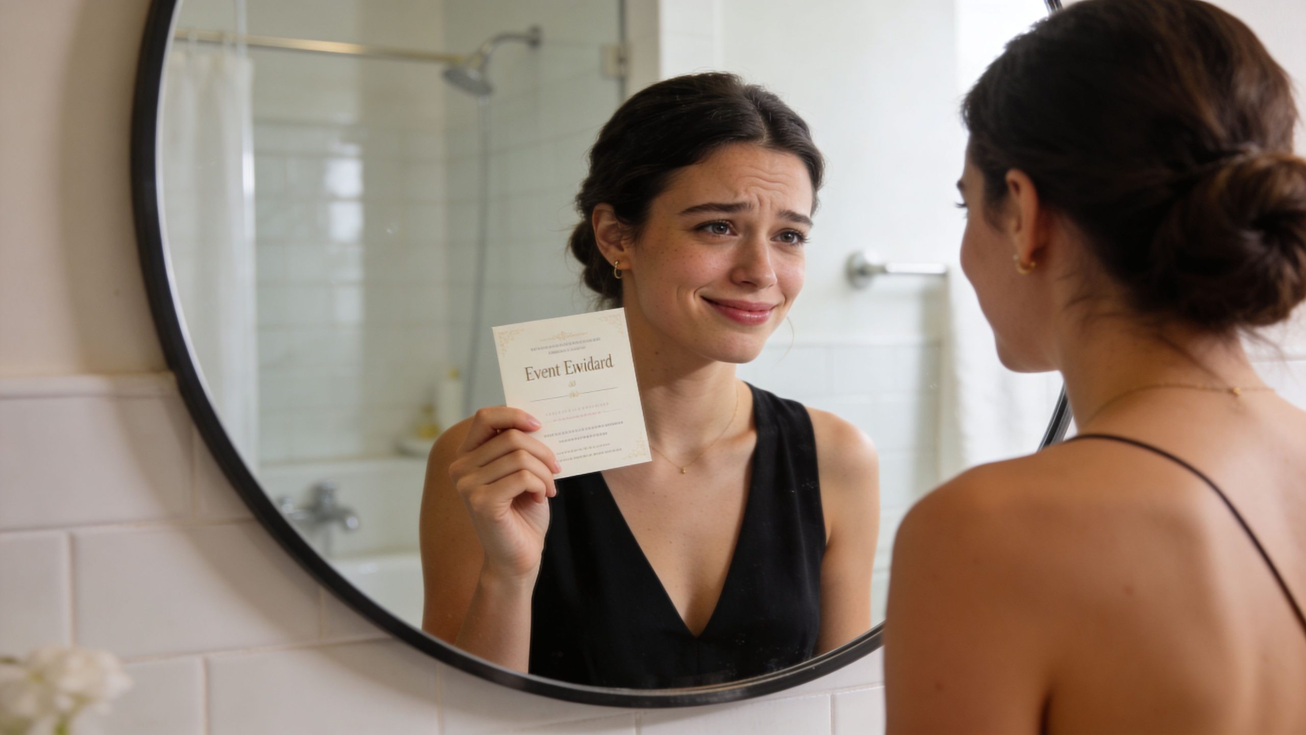 A woman looks at her reflection in a bathroom mirror while holding a small event invitation card.