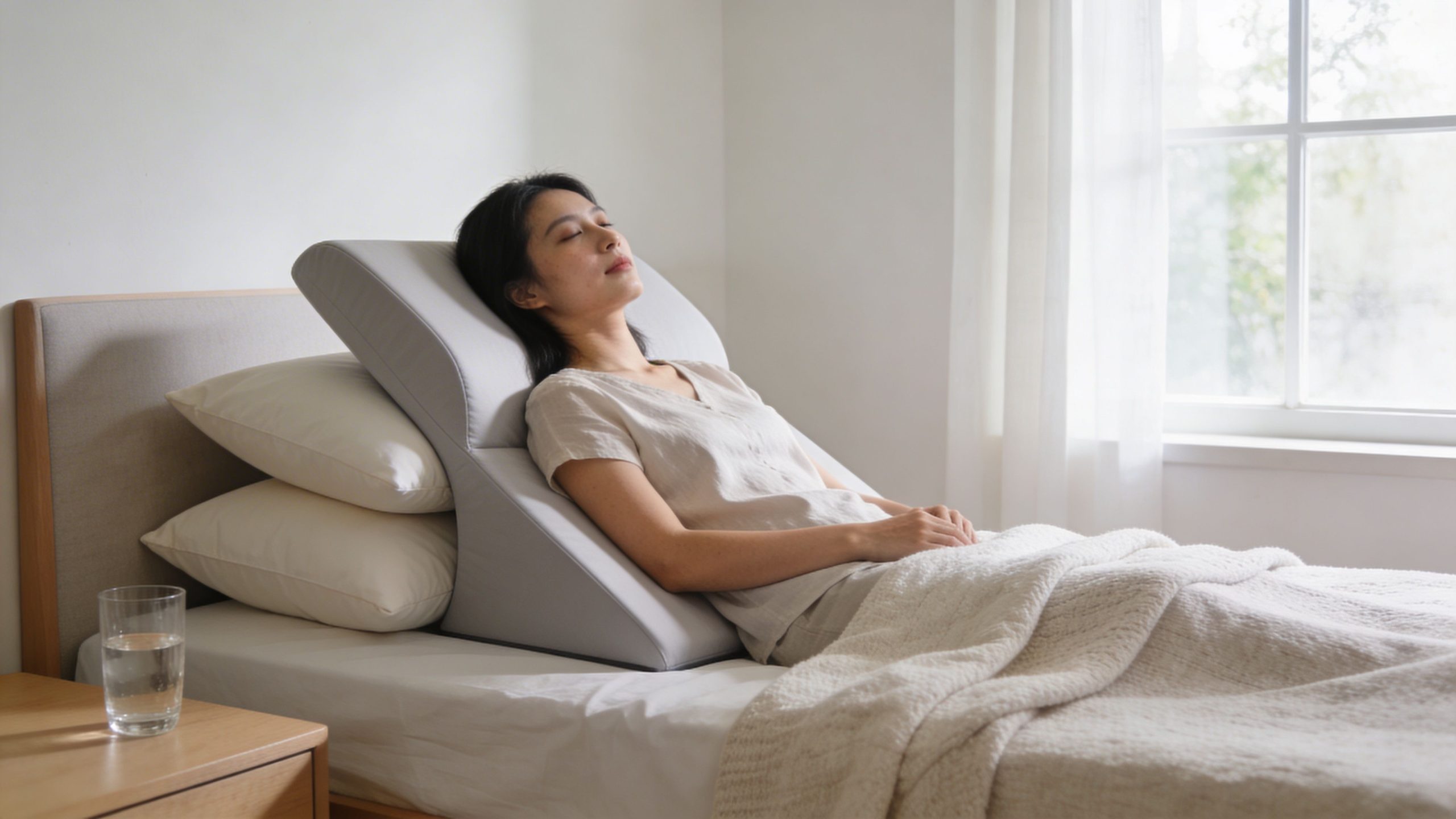 A woman resting comfortably in bed with a supportive wedge pillow following wisdom teeth removal surgery.