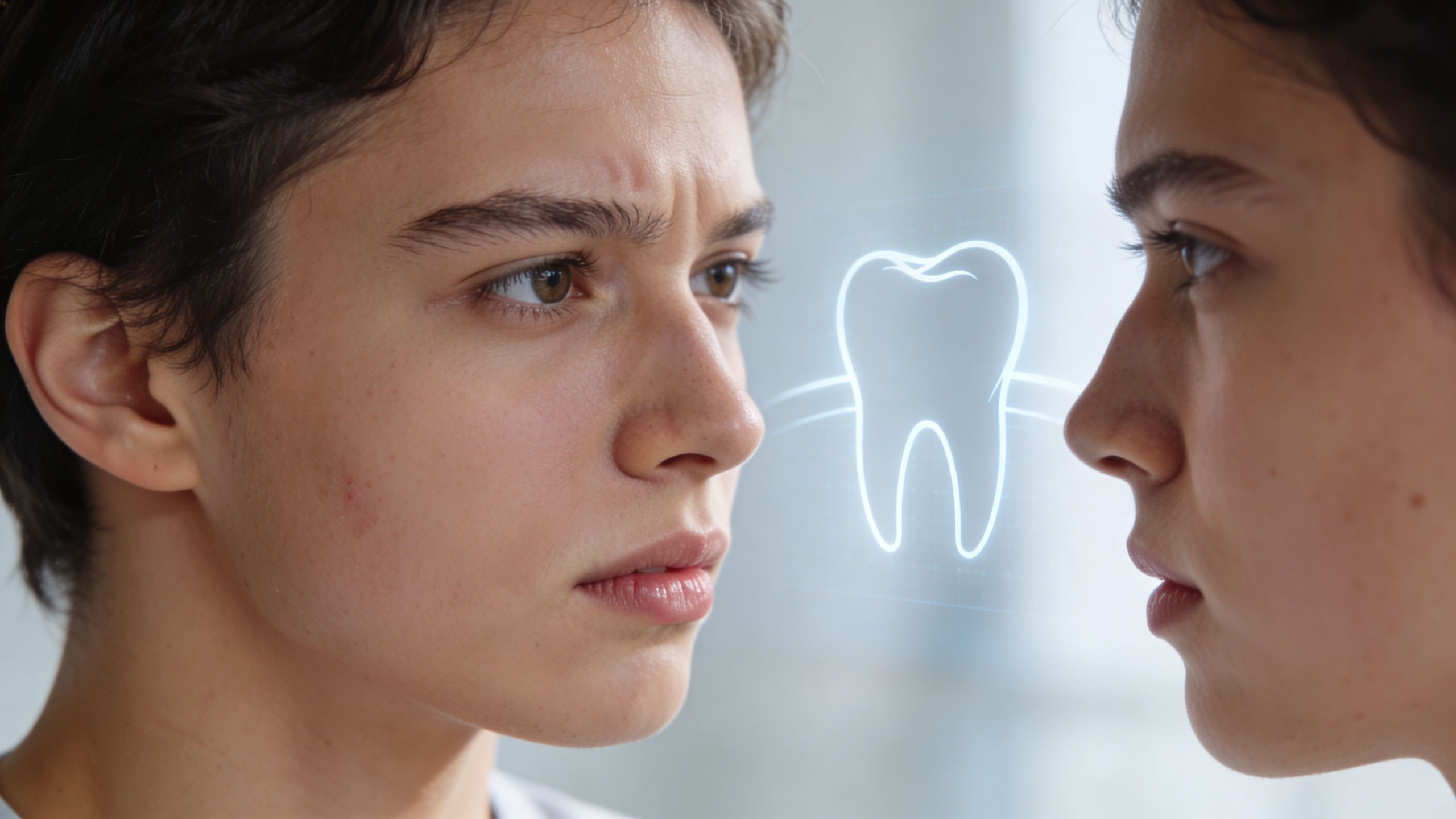 A close-up view of two individuals looking at each other with a glowing digital tooth graphic between them.