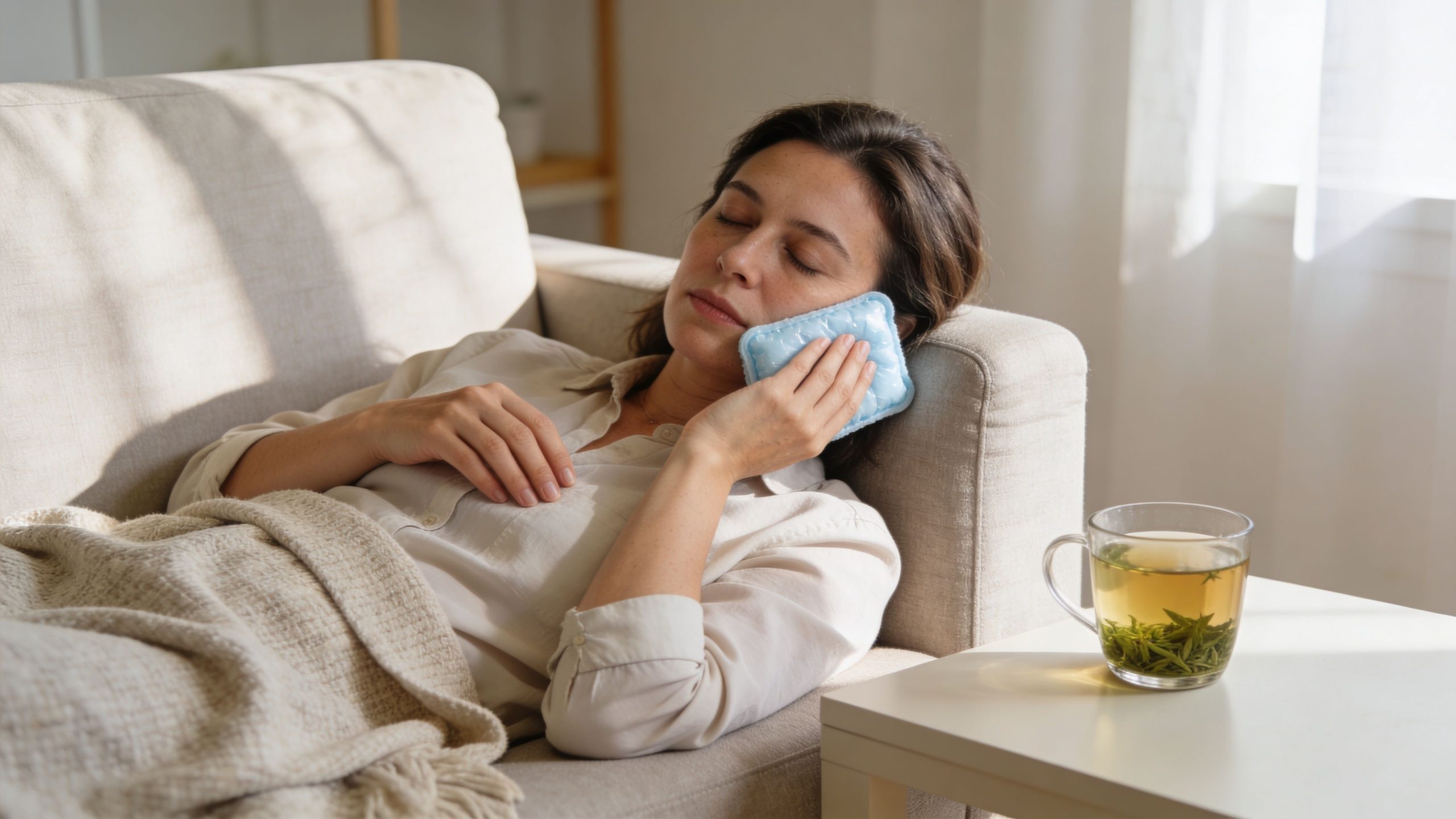 A woman resting on a sofa with an ice pack on her cheek for pain relief.
