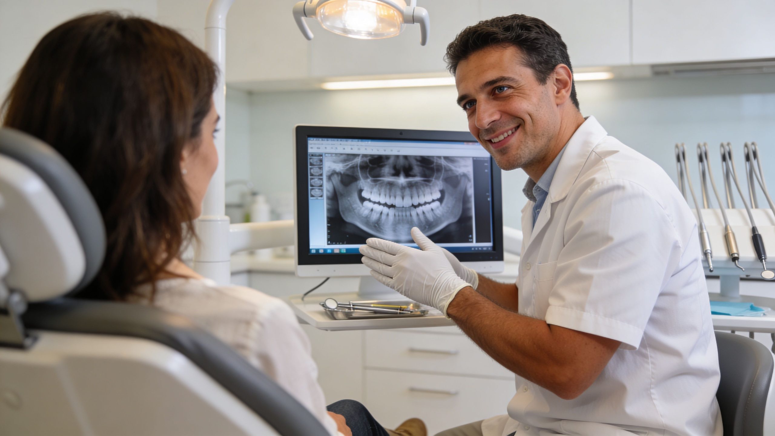 A smiling male dentist explaining a dental X-ray to a female patient sitting in the dental chair.