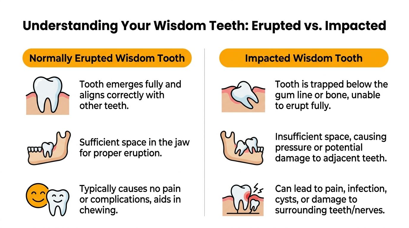 An infographic comparing a normally erupted wisdom tooth to an impacted wisdom tooth with descriptive text.