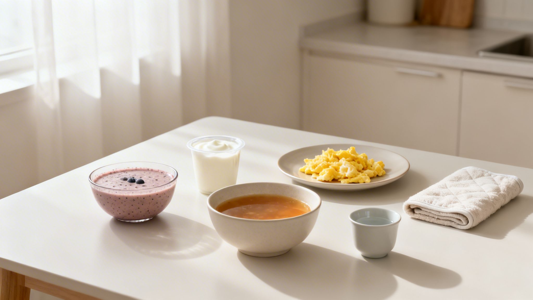 A balanced breakfast featuring scrambled eggs, a berry smoothie, yogurt, soup, and water on a sunlit table.