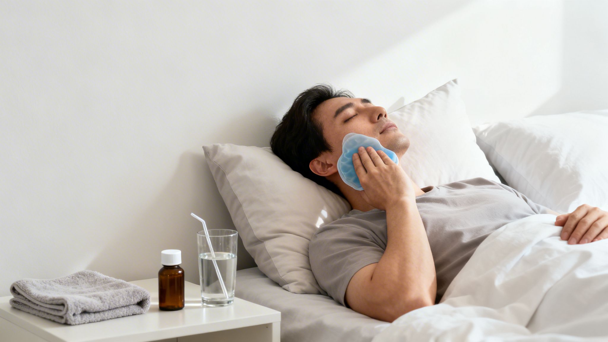 A man lies in bed with closed eyes, applying a blue ice pack to his jaw for pain relief.