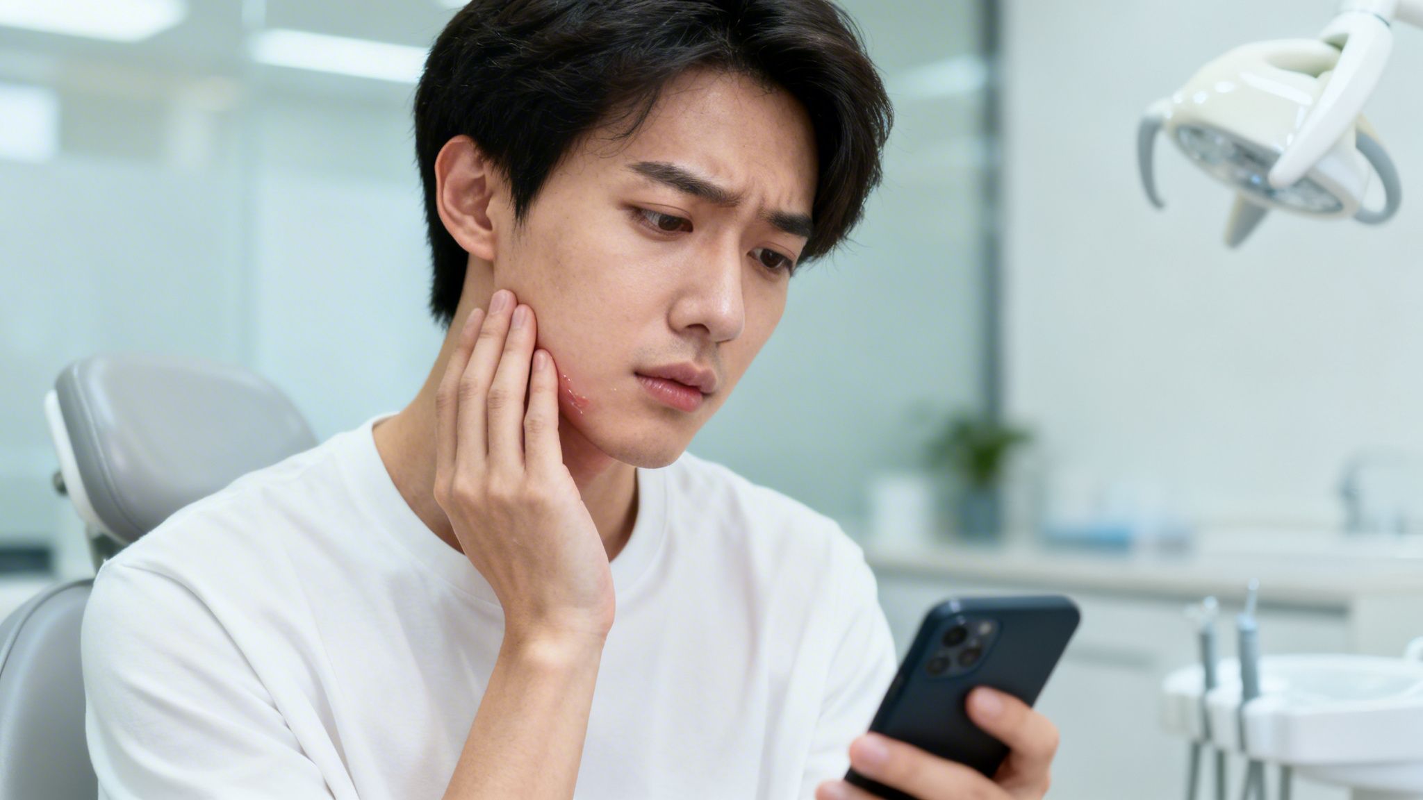A young man with cheek discomfort sits in a dental chair, looking at his phone.
