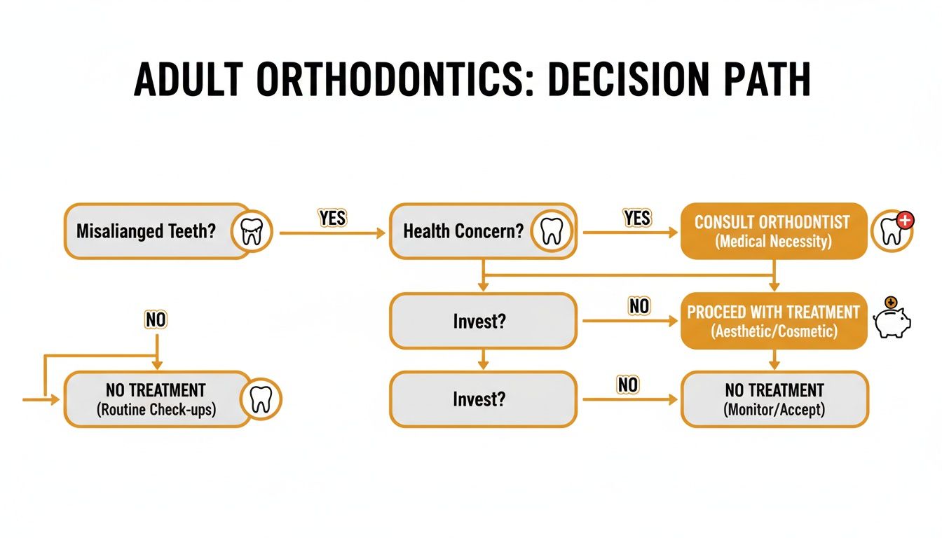 A decision path flowchart for adult orthodontics, guiding through choices based on misaligned teeth, health concerns, and investment.