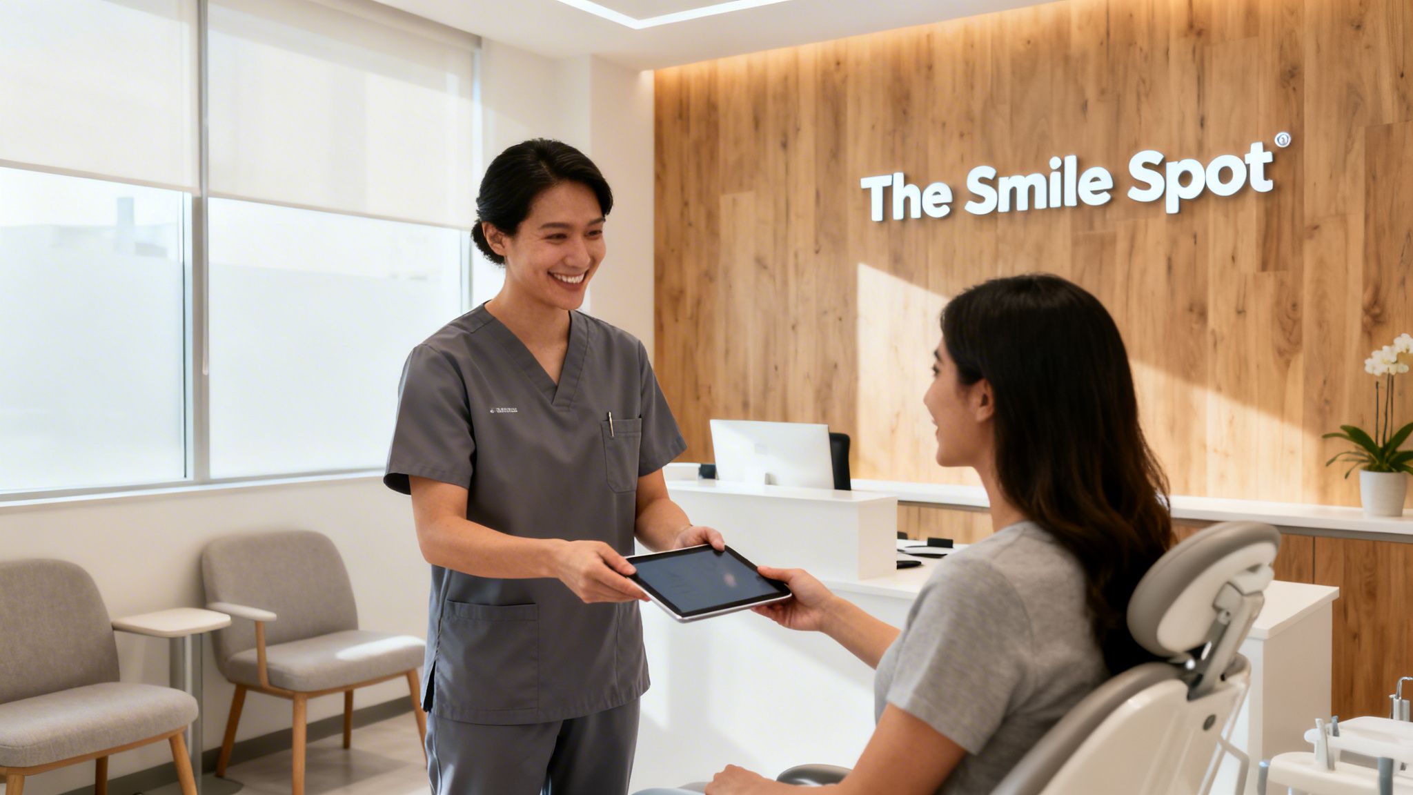 A smiling dental professional in grey scrubs hands a tablet to a patient at 'The Smile Spot' dental clinic.